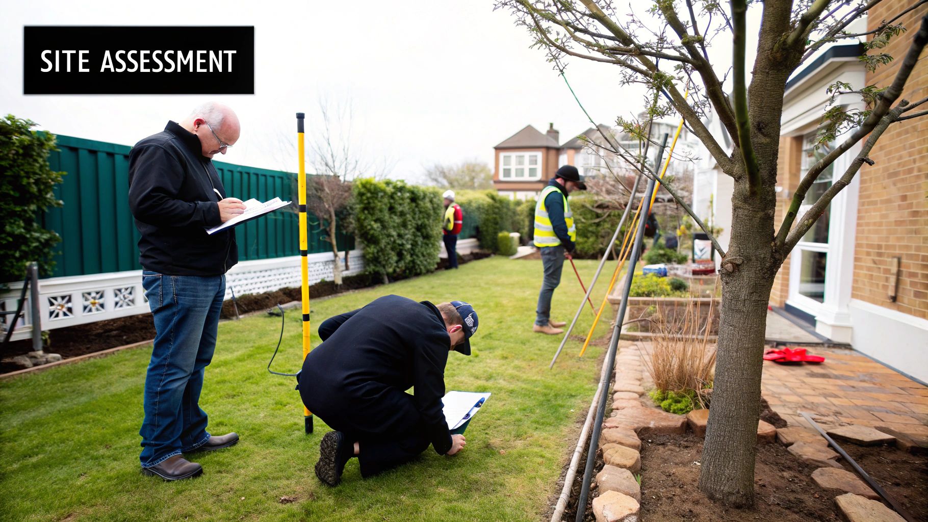 Two men conduct a site assessment in a residential garden, writing notes and using survey equipment.