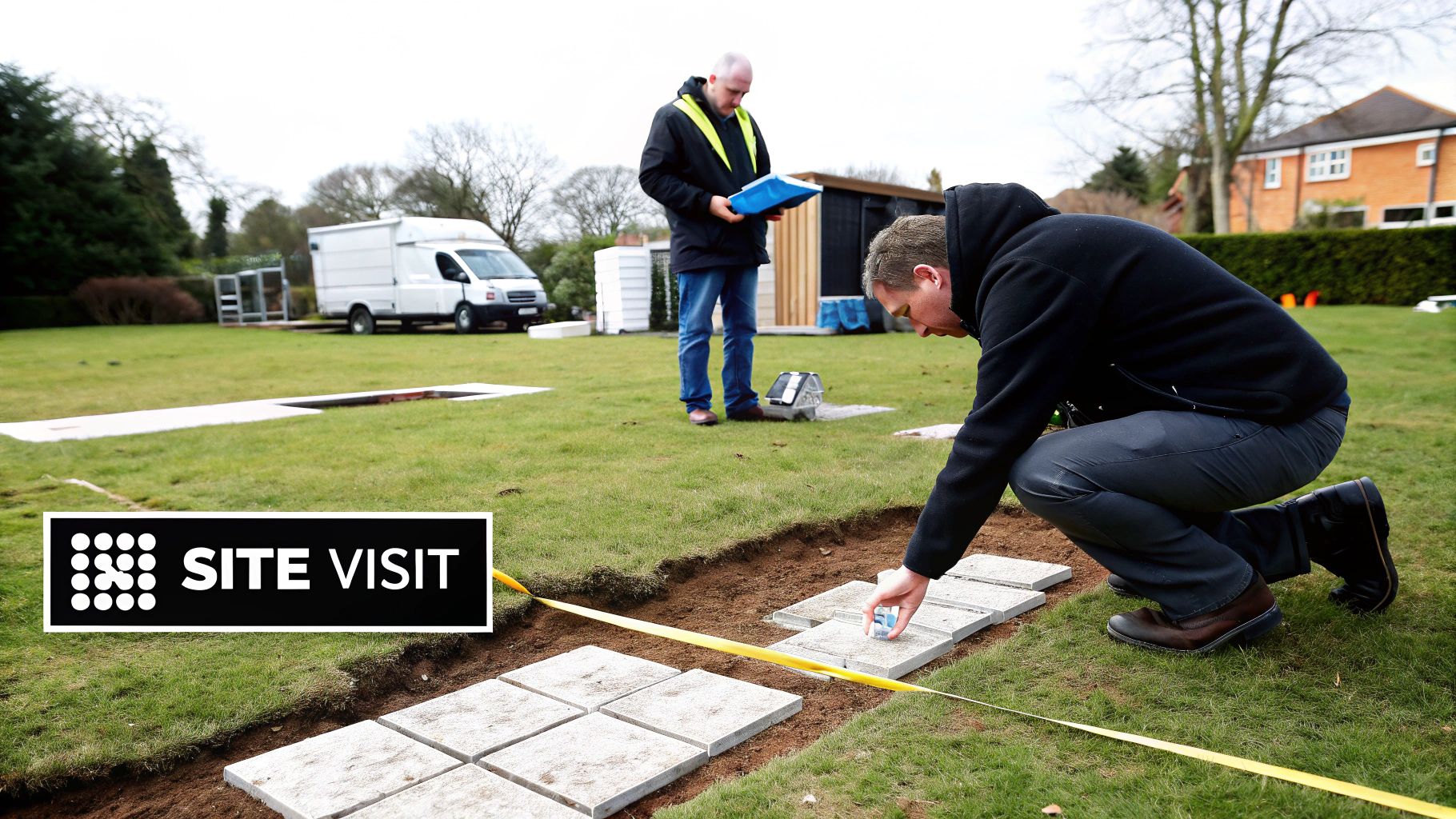 Two men on a site visit, one laying patio stones, the other reviewing plans.