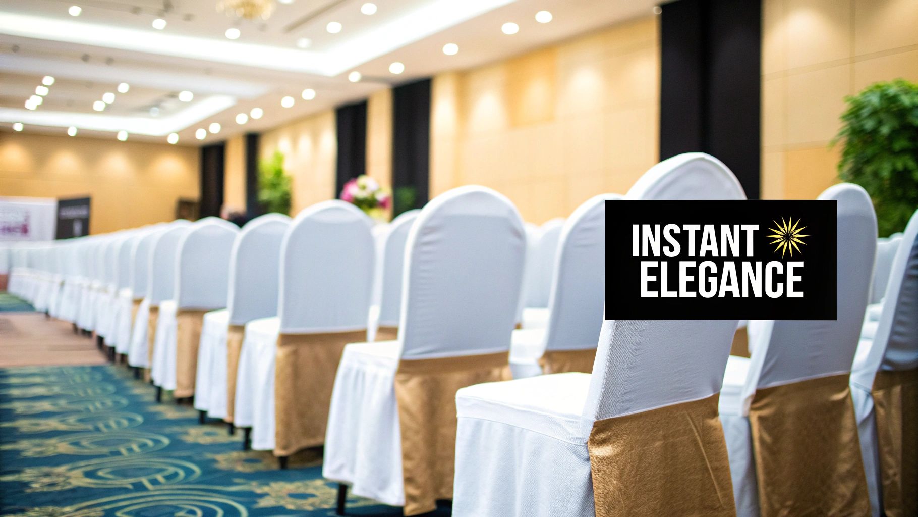 Rows of elegantly draped white chair covers with gold accents in a well-lit event space, showcasing a sophisticated atmosphere for weddings and corporate functions, featuring the logo "INSTANT ELEGANCE."