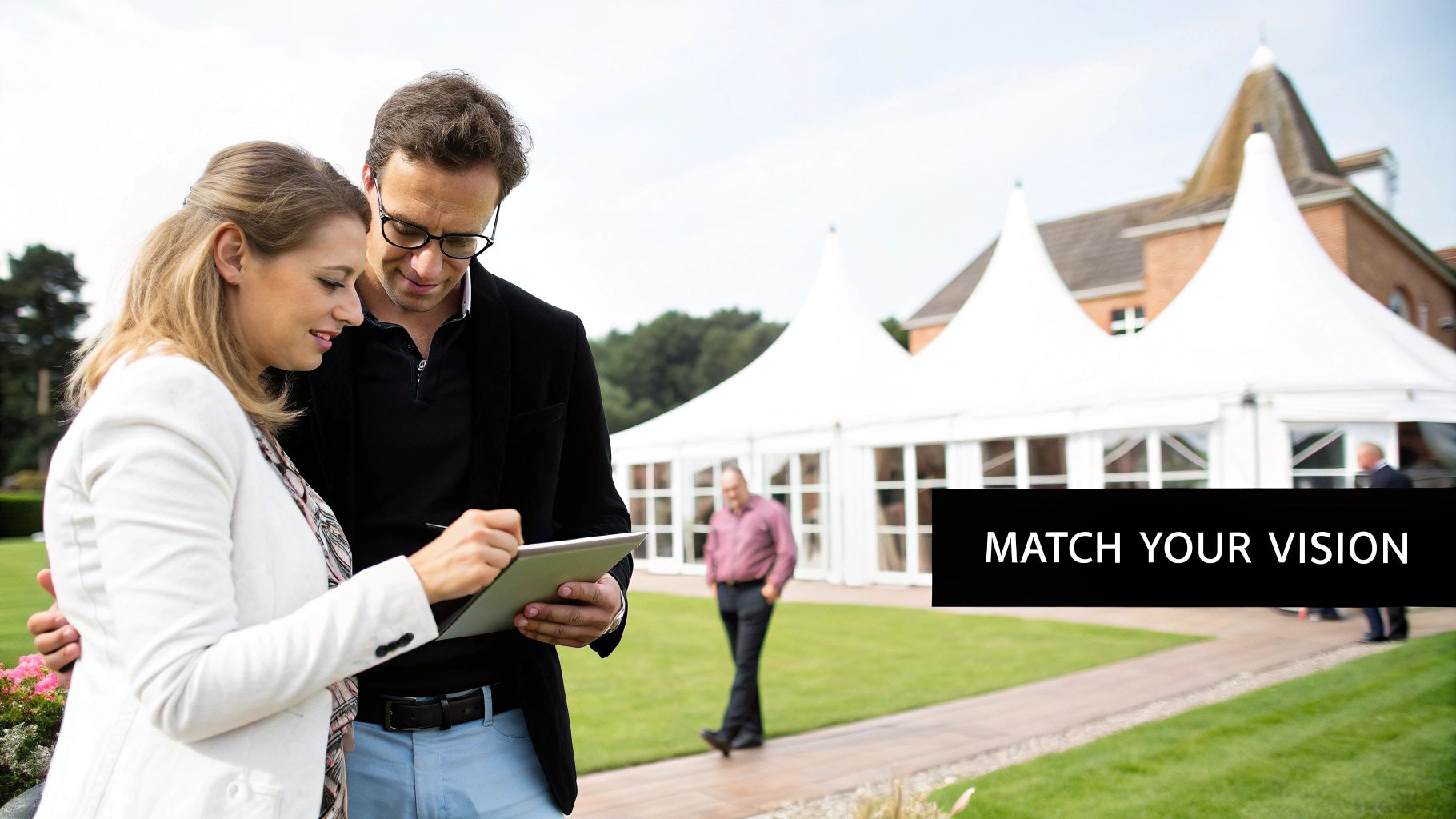 Couple discussing marquee options with a tablet, surrounded by a marquee setup in a garden setting, emphasizing the theme "Match Your Vision" for event planning.