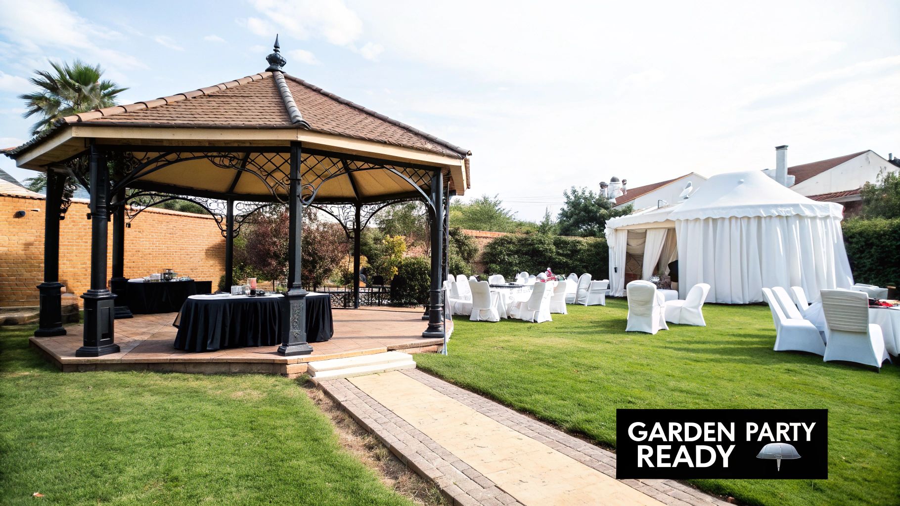 A beautiful garden party setup featuring a decorative gazebo, a white event tent, and dining tables.