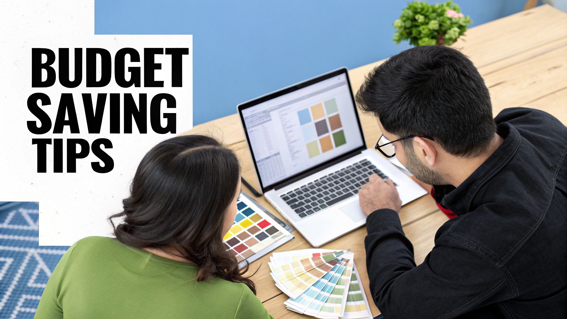Two people reviewing color palettes and a laptop screen with design options, next to text 'BUDGET SAVING TIPS'.