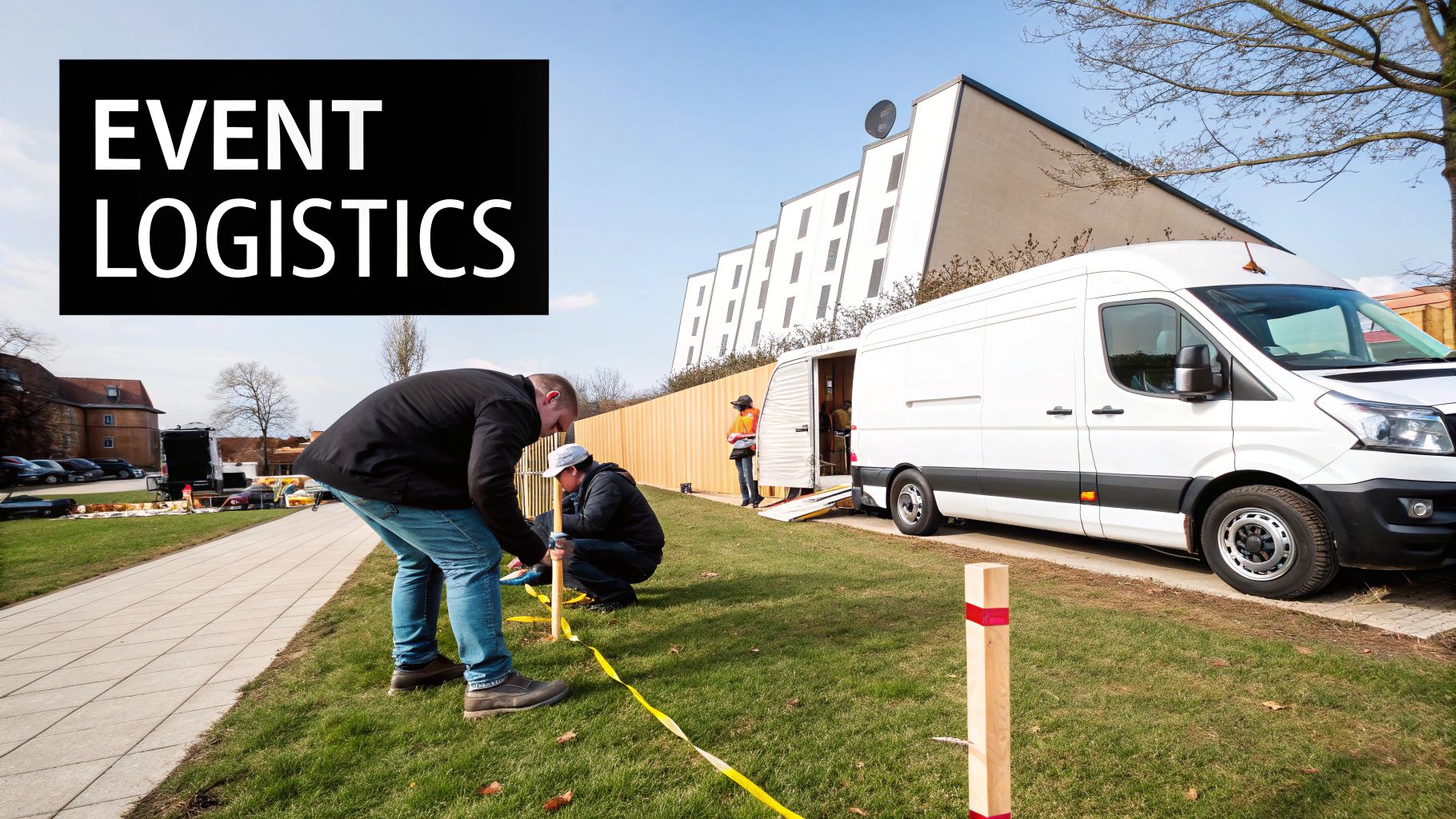 Event logistics crew setting up an outdoor area, marking the ground and unloading a white van.