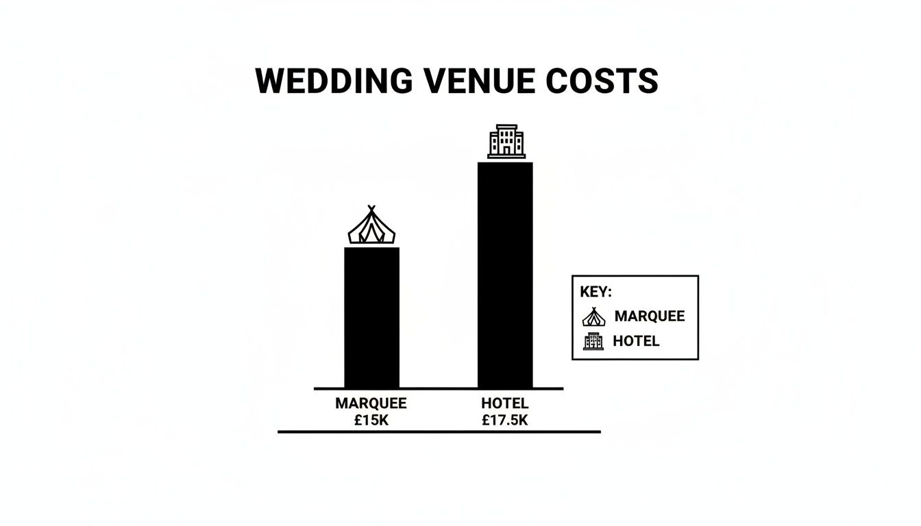 Bar chart comparing wedding venue costs: Marquee at &pound;15K and Hotel at &pound;17.5K.