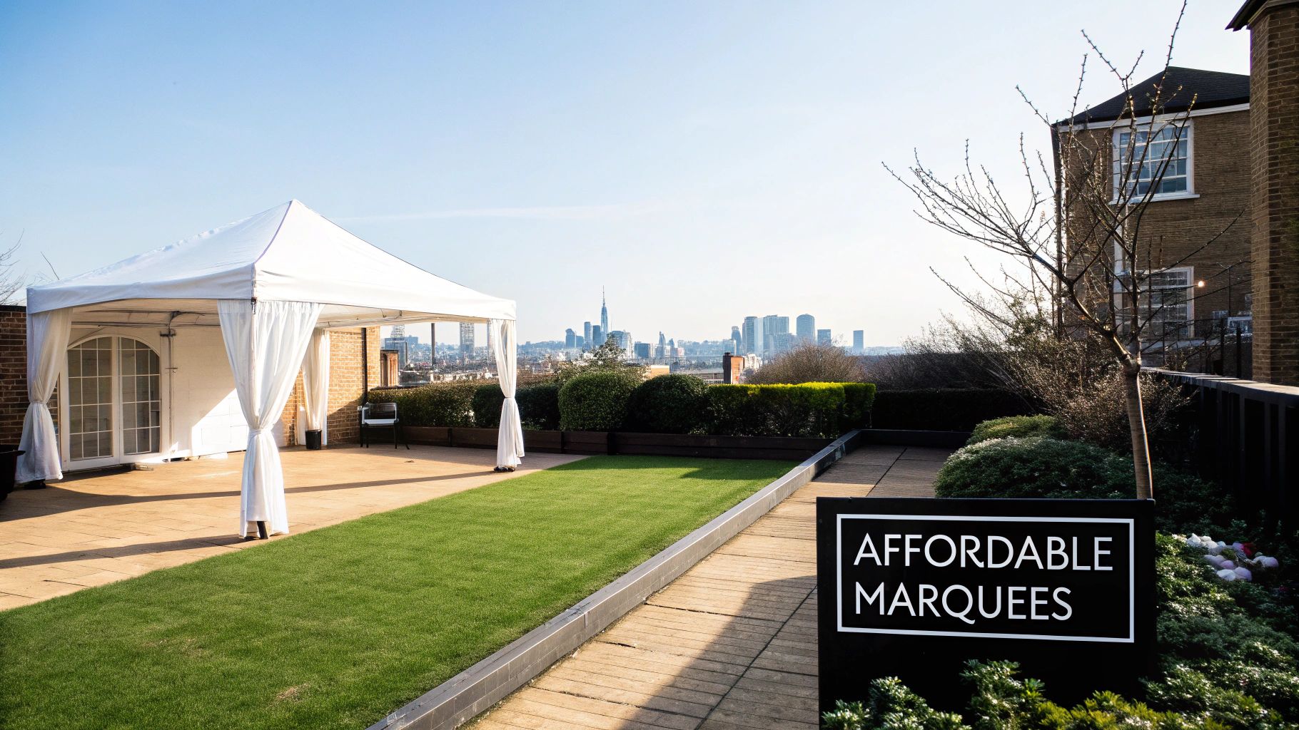 A white marquee tent on a sunny rooftop terrace with green grass and a city skyline.