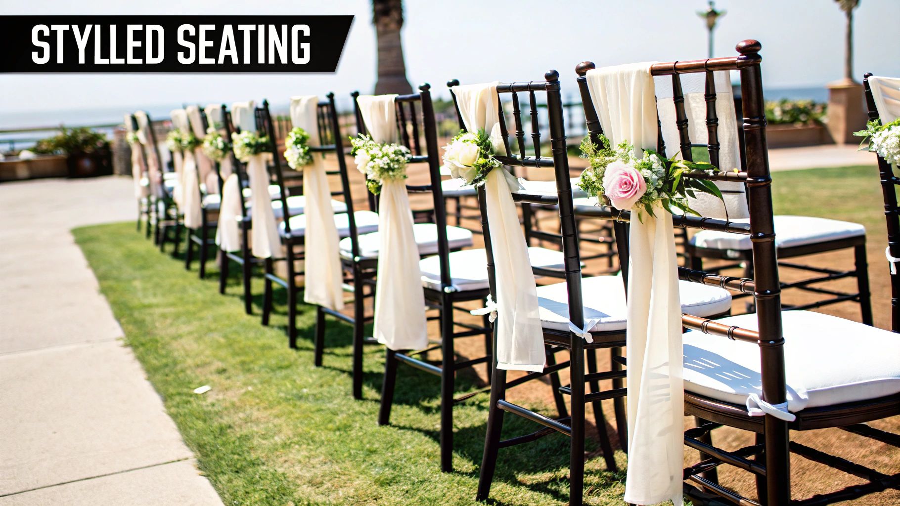 Styled seating with dark brown chairs, white cushions, cream drapes, and flowers for an outdoor wedding.