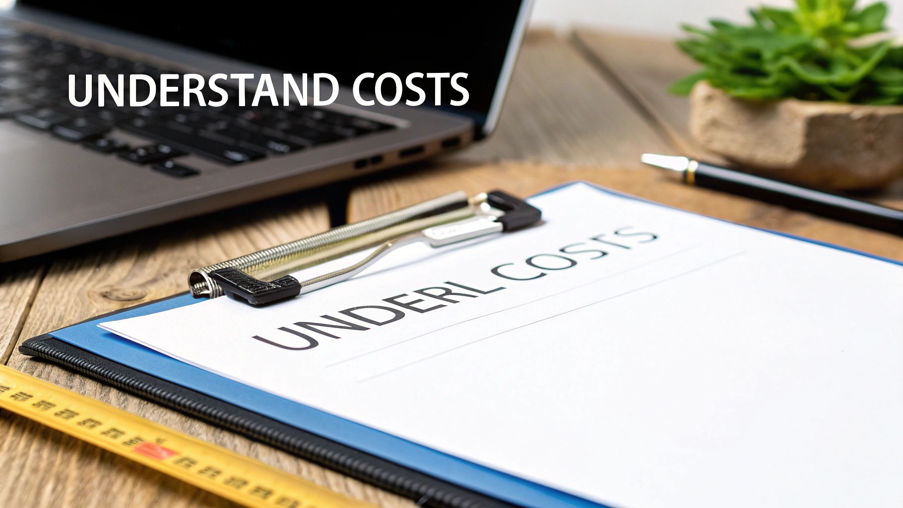 Laptop on a wooden desk showing 'UNDERSTAND COSTS' on screen, next to a clipboard with 'UNDERL COSTS'.