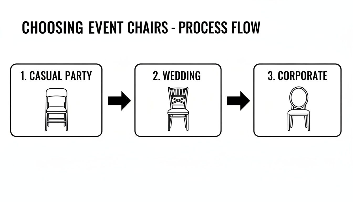 A process flow diagram illustrating different event chair selections for casual parties, weddings, and corporate events.