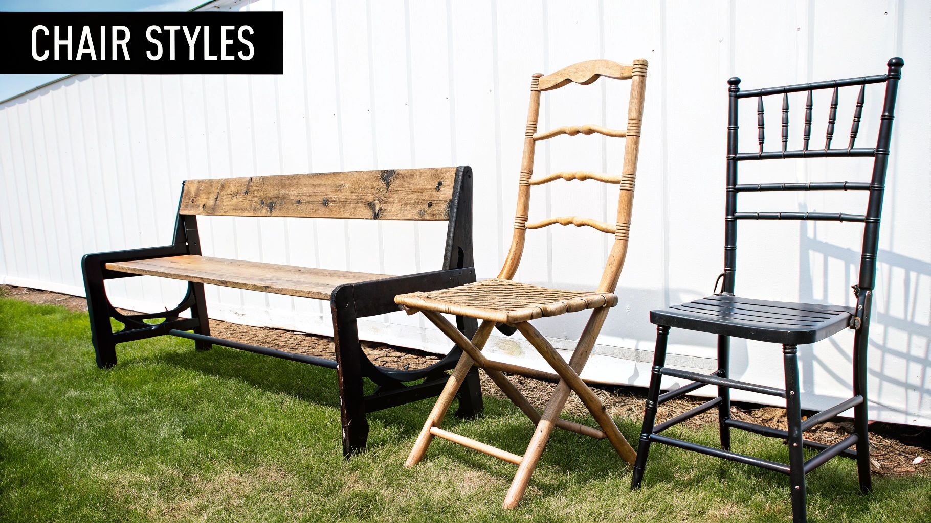 Diverse chair styles including a rustic wooden bench, a woven folding chair, and a black wooden chair.