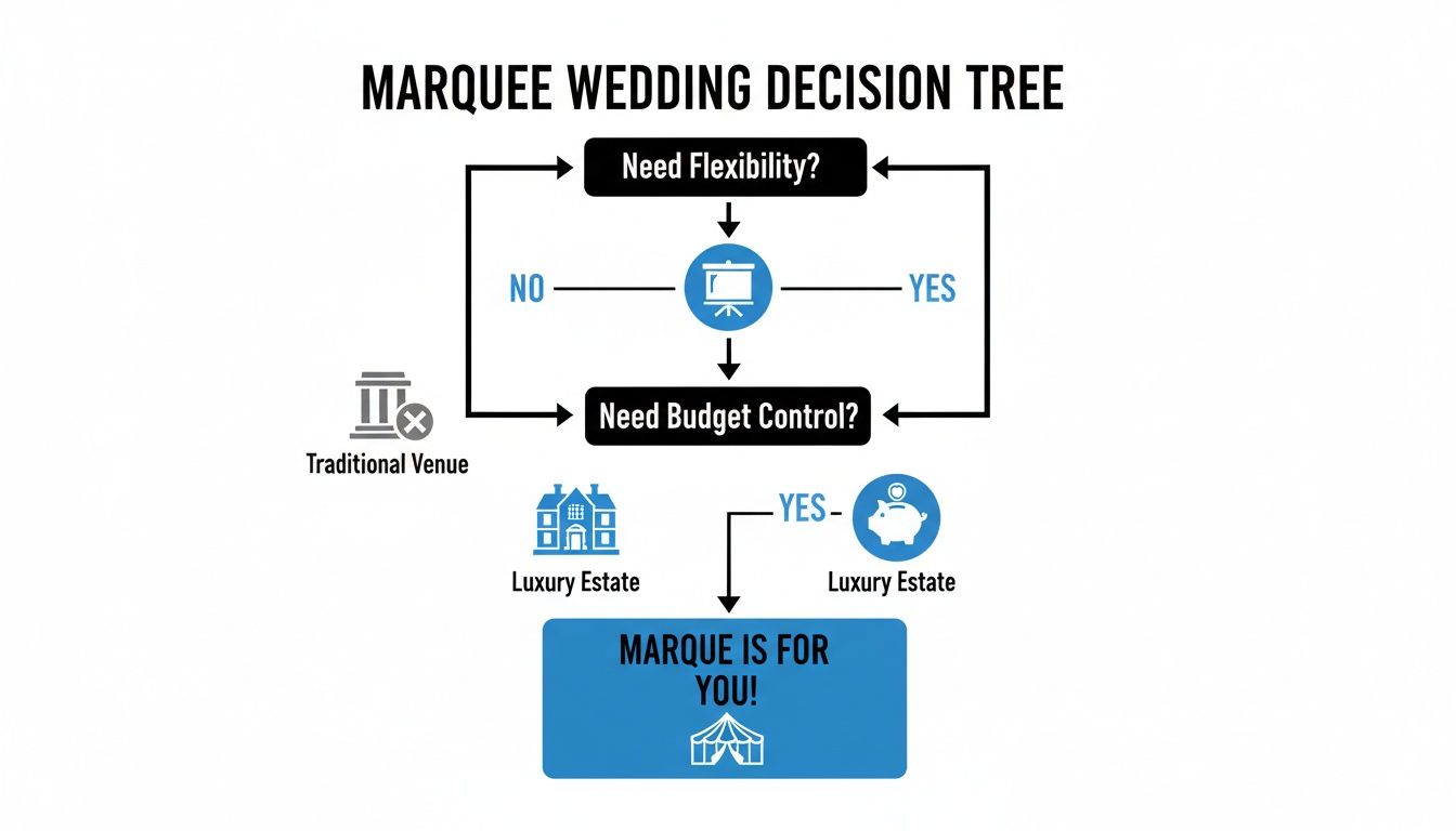 A decision tree guiding wedding planning choices based on flexibility and budget, leading to traditional venues or marquees.