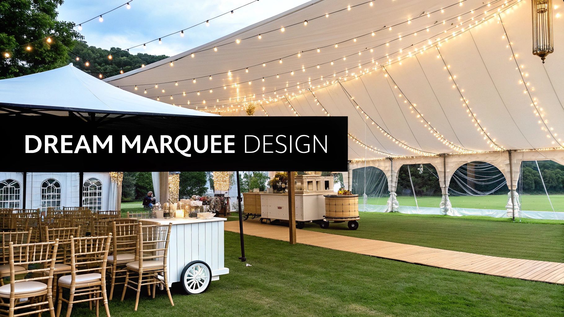 A large, elegant white marquee tent decorated with string lights, chairs, and mobile bars on a green lawn.