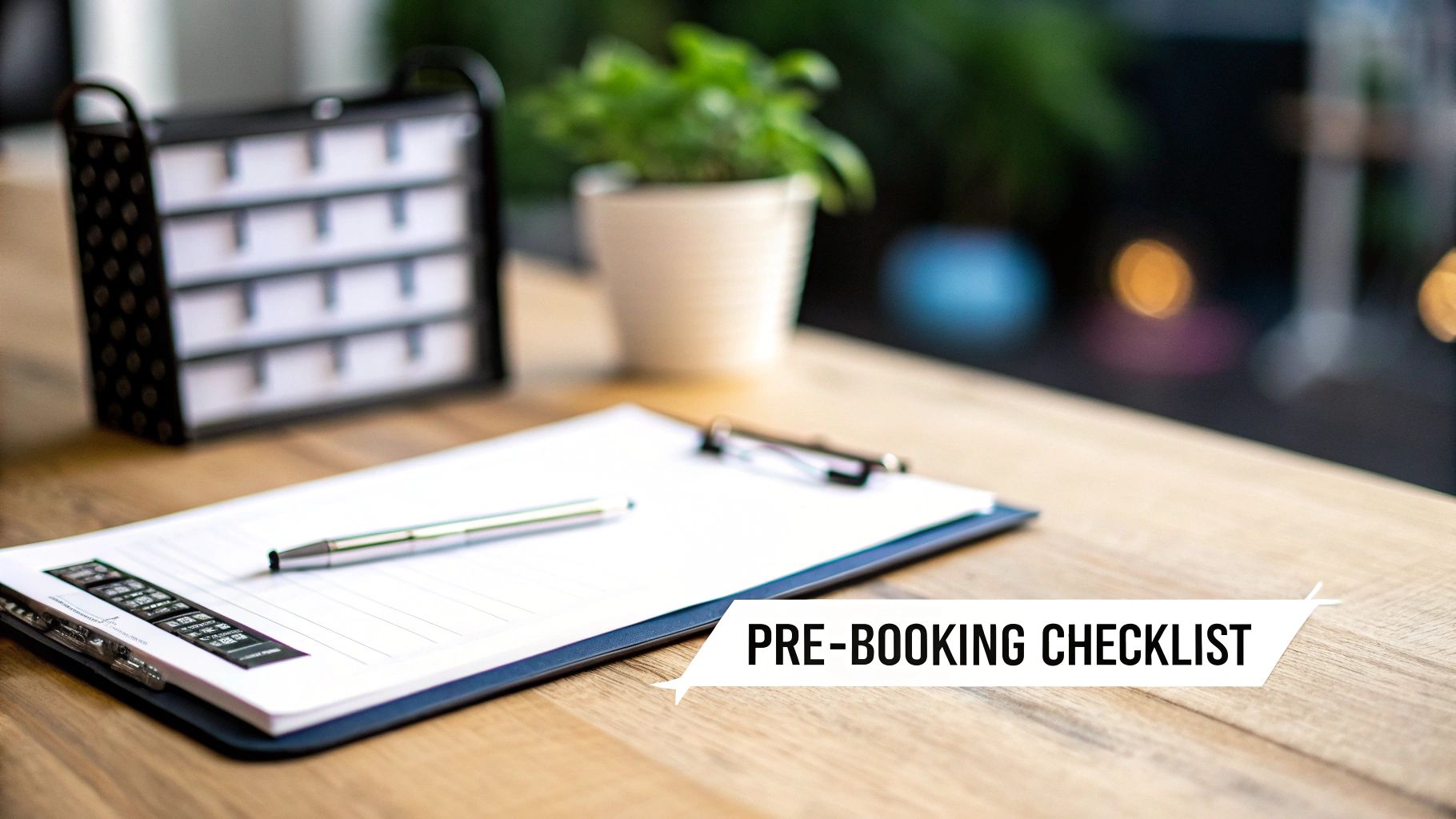 A pre-booking checklist on a clipboard with a pen on a wooden desk, next to a plant and organizer.