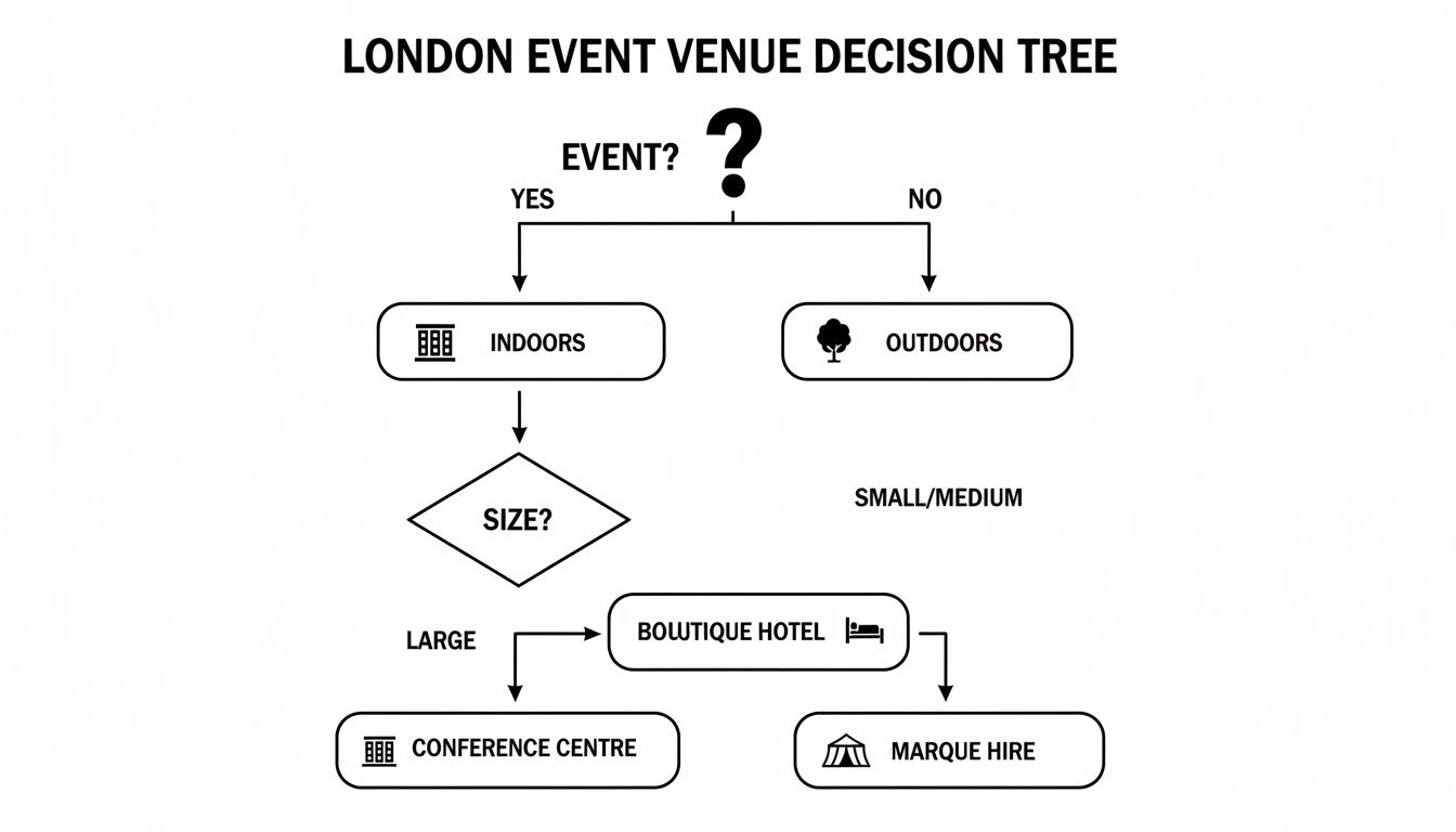 A decision tree flowchart for selecting a London event venue based on event type, location, and size.