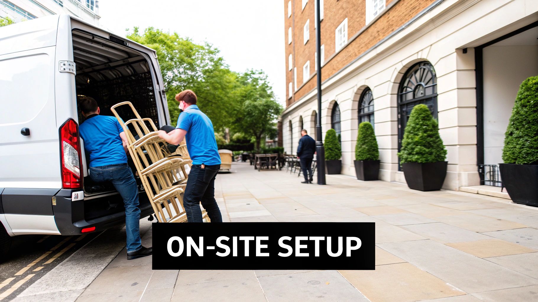 Two men unload stacked beige chairs from a white delivery van for an on-site setup.