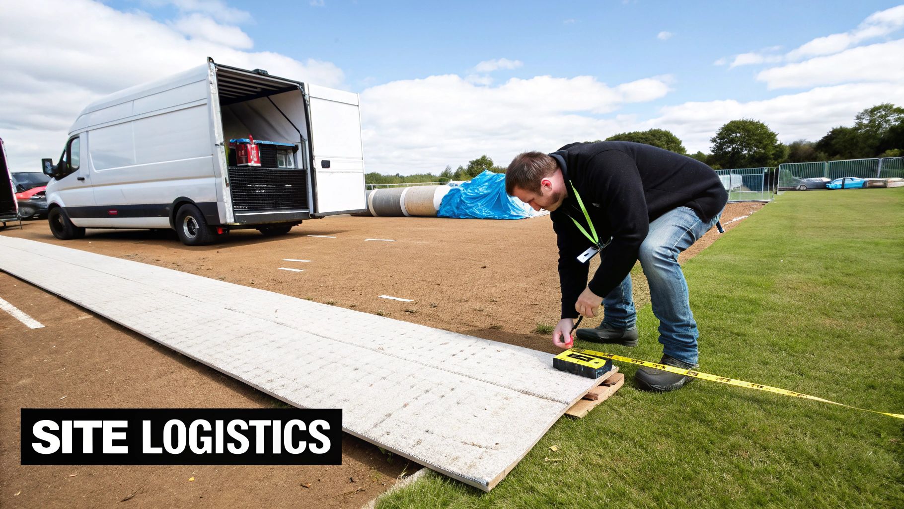 A man measures the ground with a tape measure for event setup near a white van.