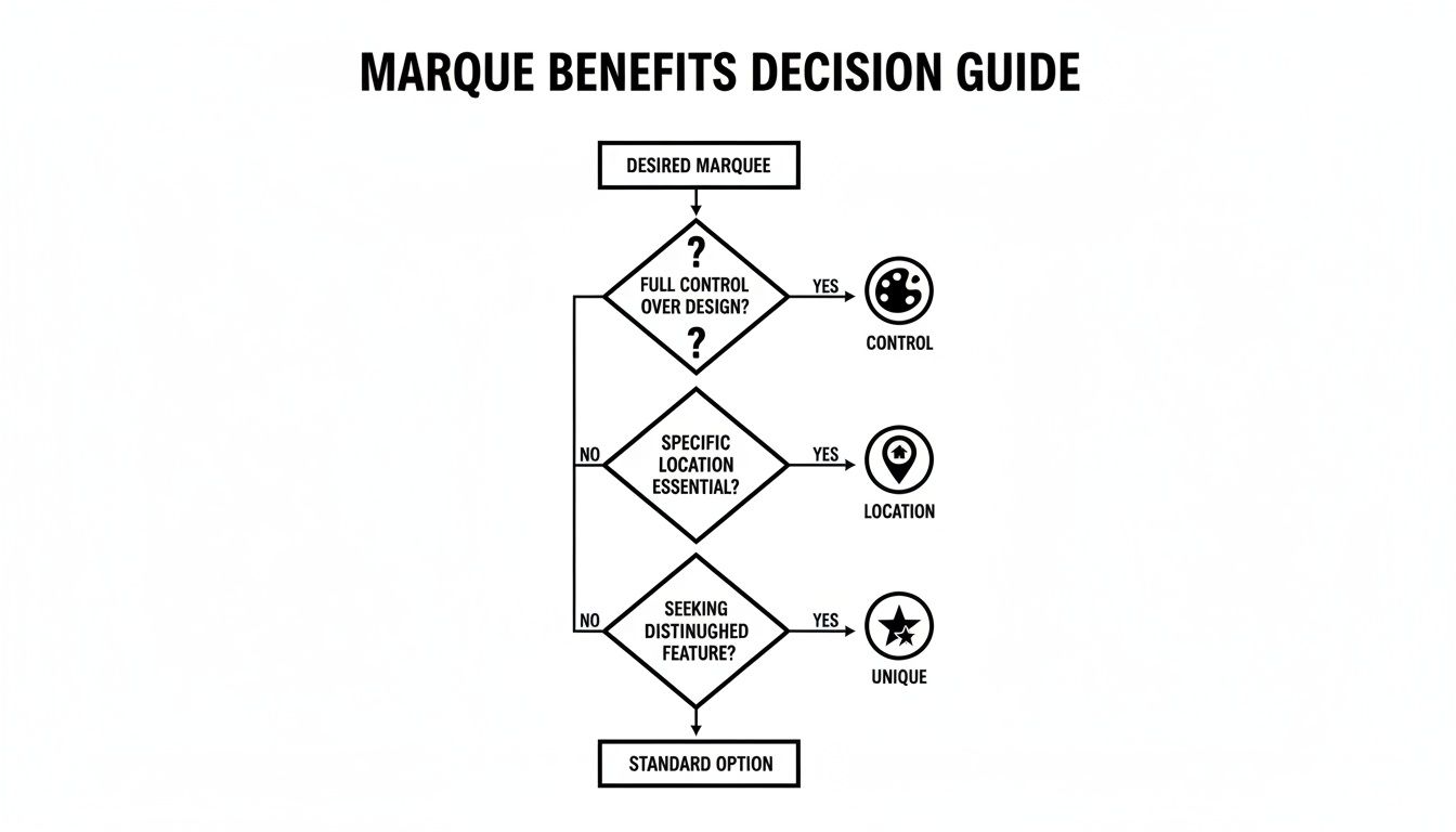 Flowchart guiding marquee benefits decisions based on design control, location, and unique features.