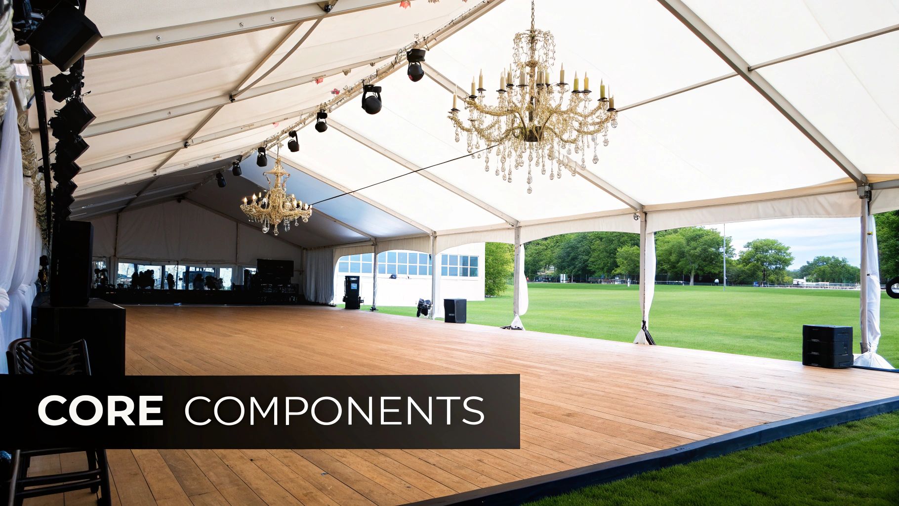 Spacious white event tent interior with elegant chandeliers, wooden floor, and a view of a green field.