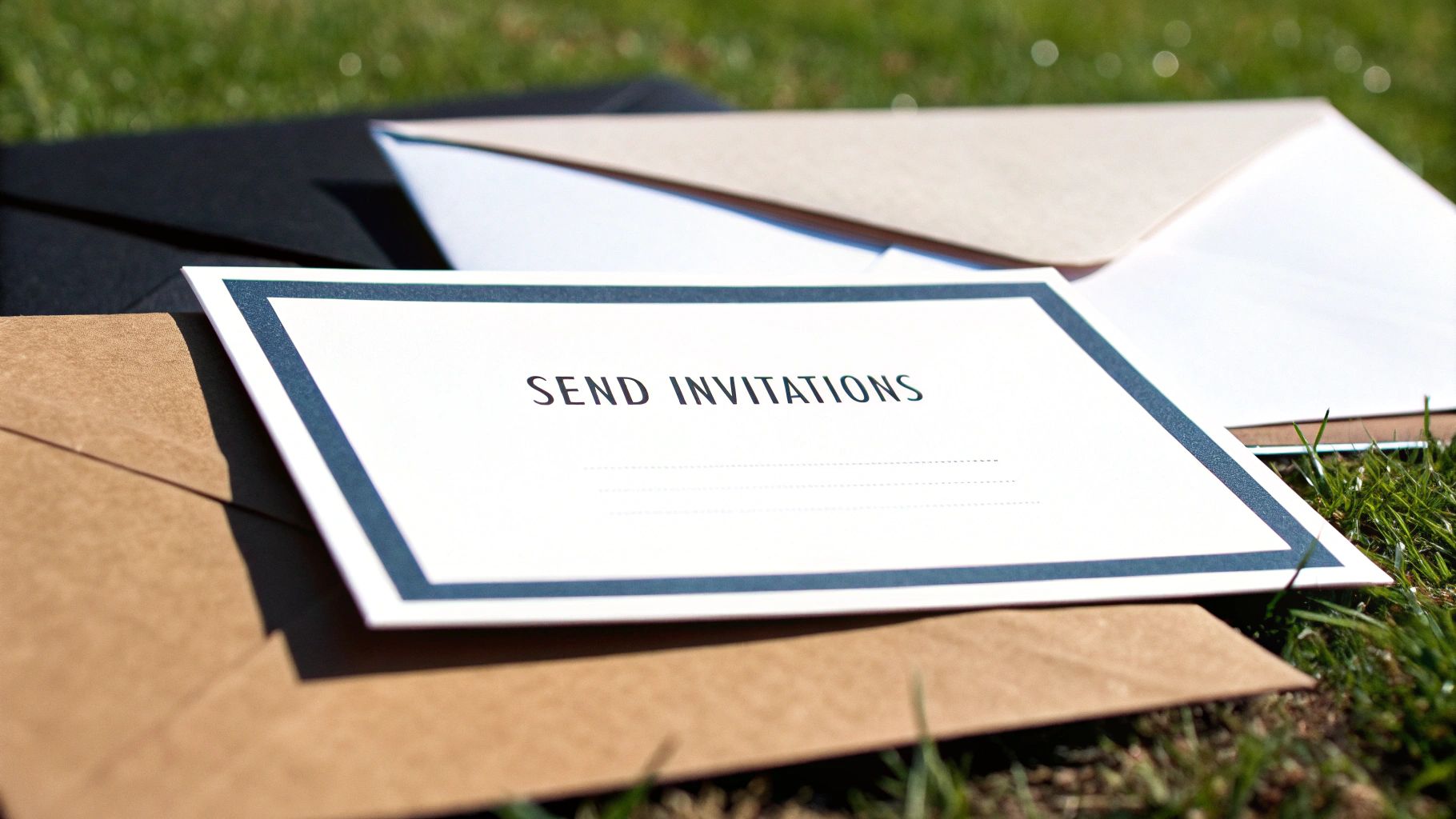 A white invitation card with "SEND INVITATIONS" text and various colored envelopes on green grass.