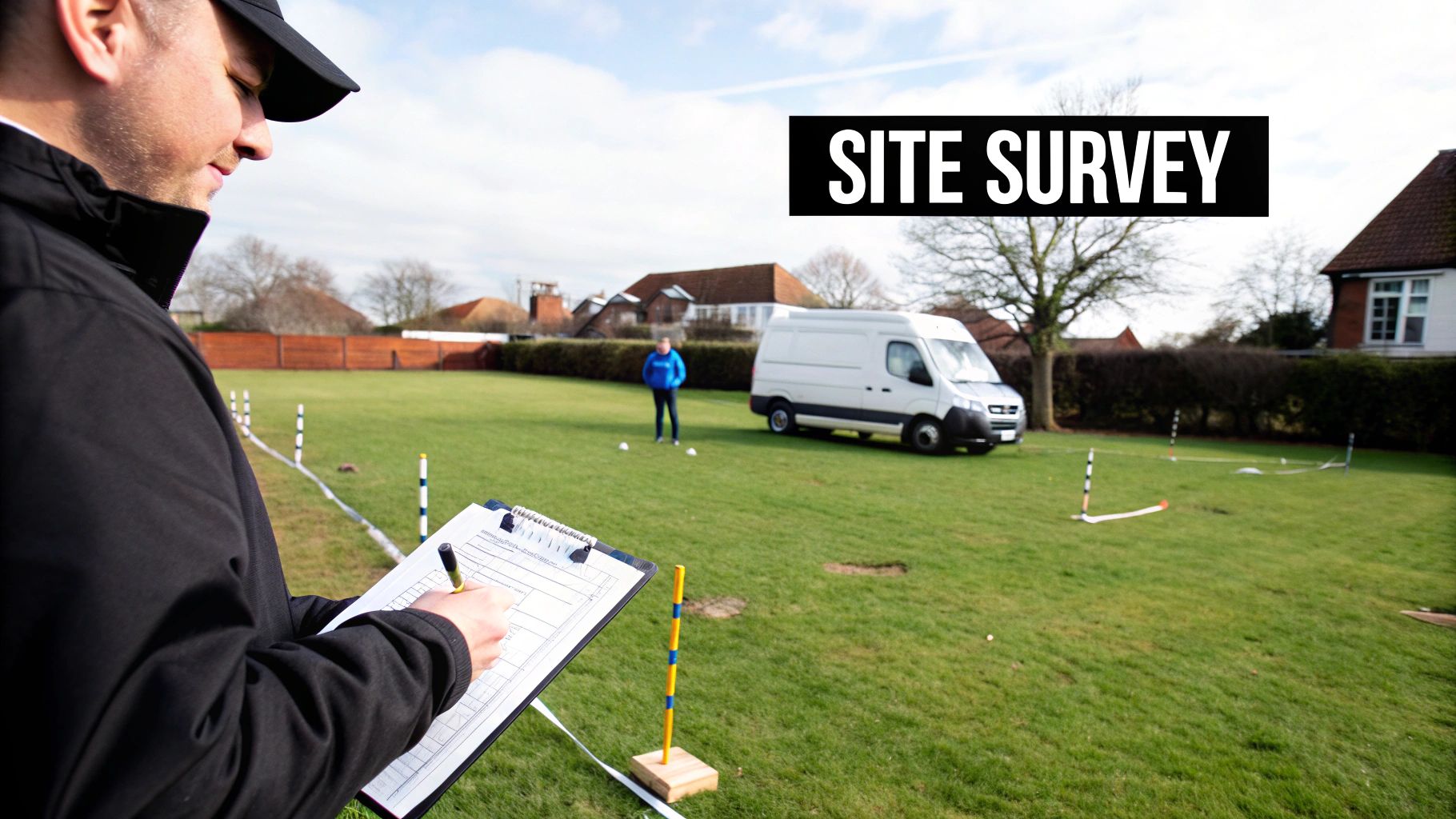 A person in a black jacket and cap writes on a clipboard during a site survey on a grassy field with a white van in the background.
