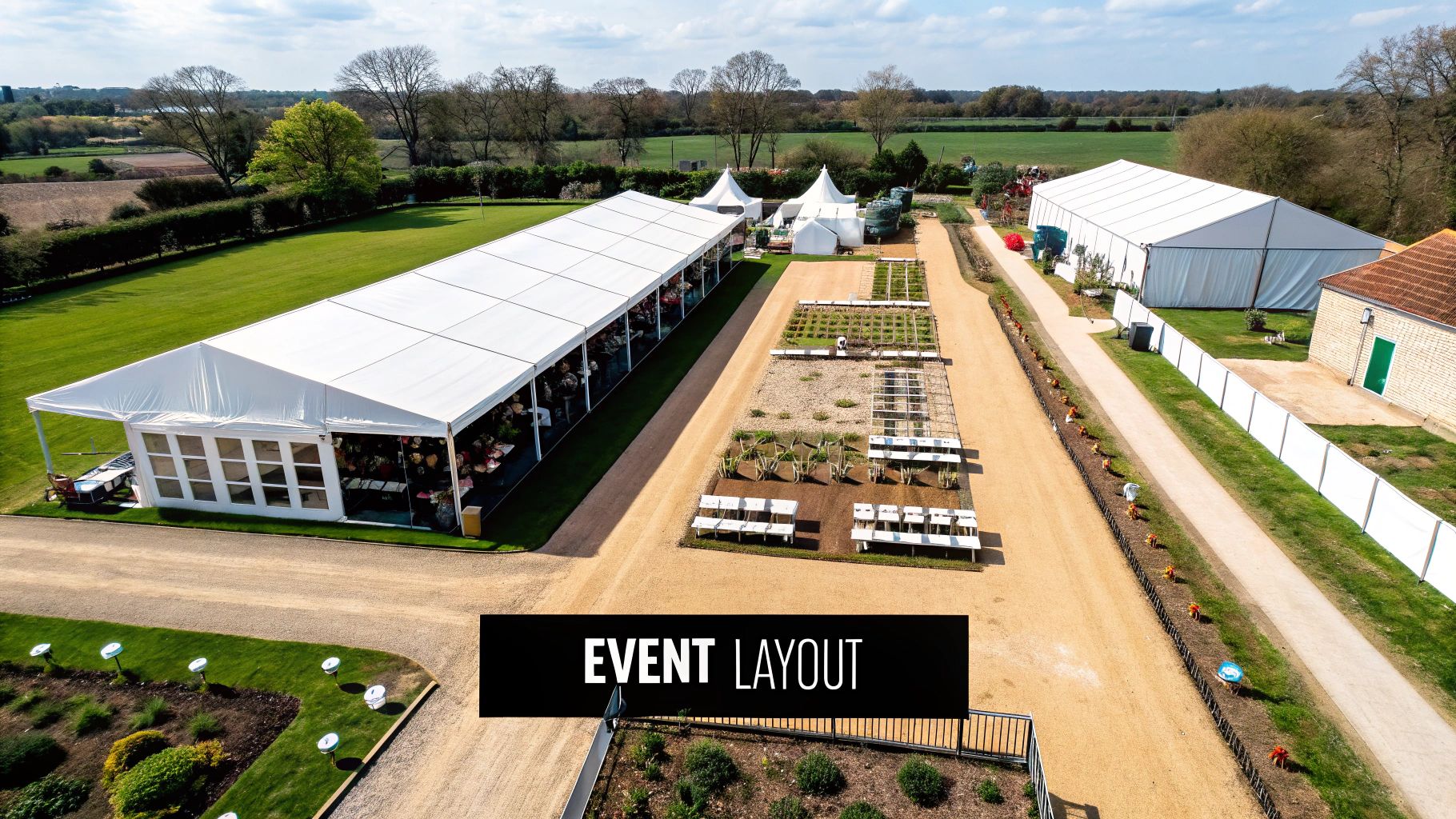 An aerial view of a large outdoor event layout with several white tents, tables, and long gravel pathways.
