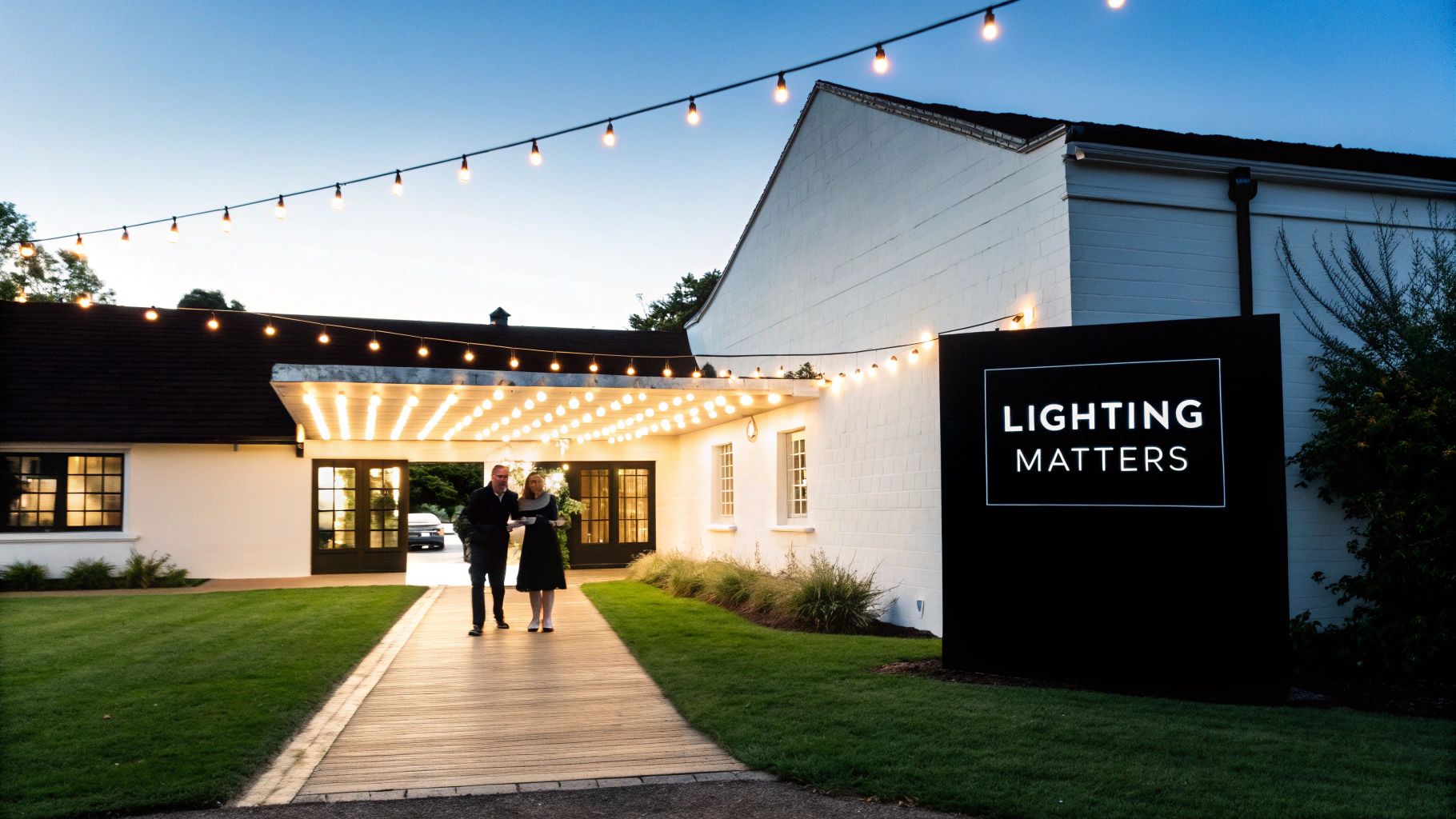 A white building with a bright, light-strung marquee, a couple walking on a path, and a 'Lighting Matters' sign.