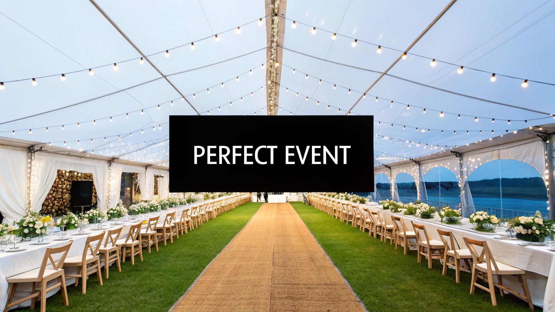 A beautifully decorated outdoor event tent with long tables, white chairs, floral centerpieces, and string lights, set on green grass.