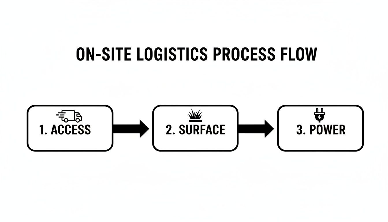 On-site logistics process flow diagram showing three steps: access (truck), surface (grass), and power (plug).
