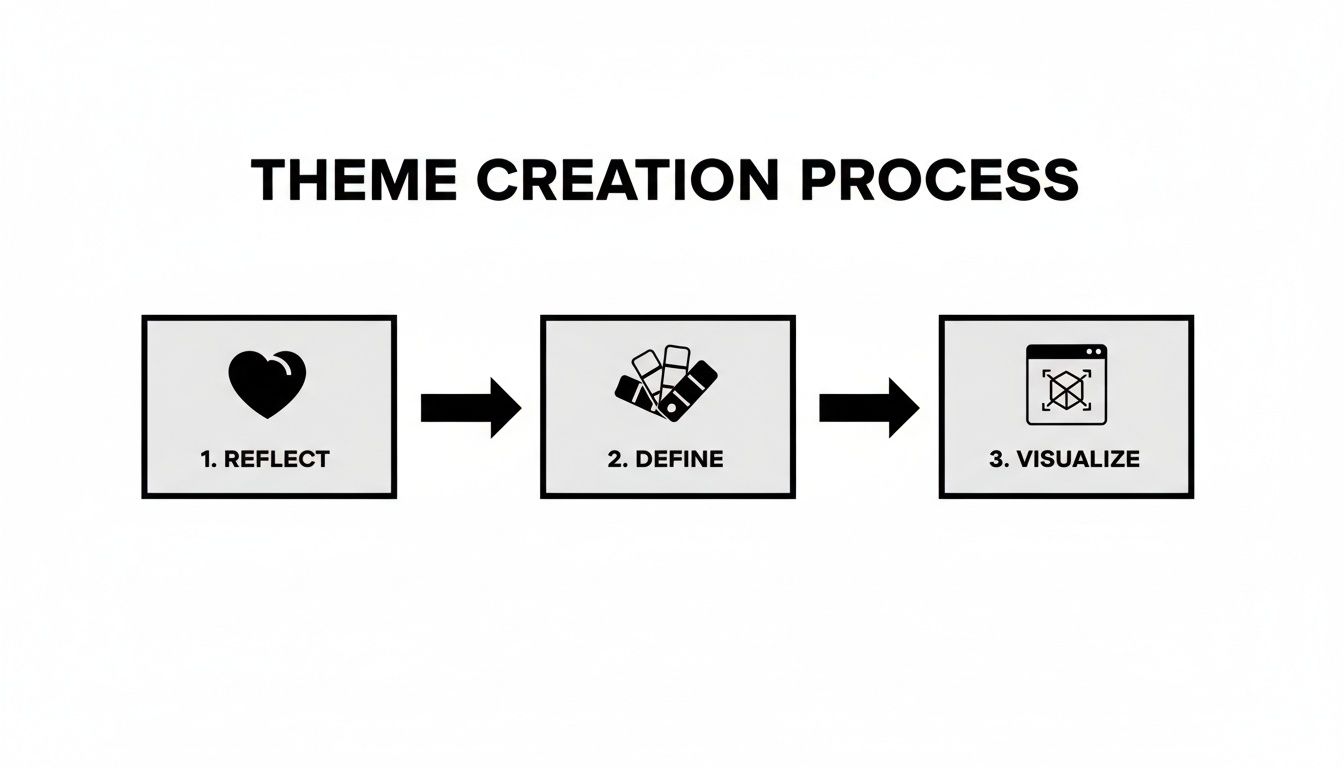 A clear visual diagram outlining a three-step theme creation process: reflect, define, and visualize.