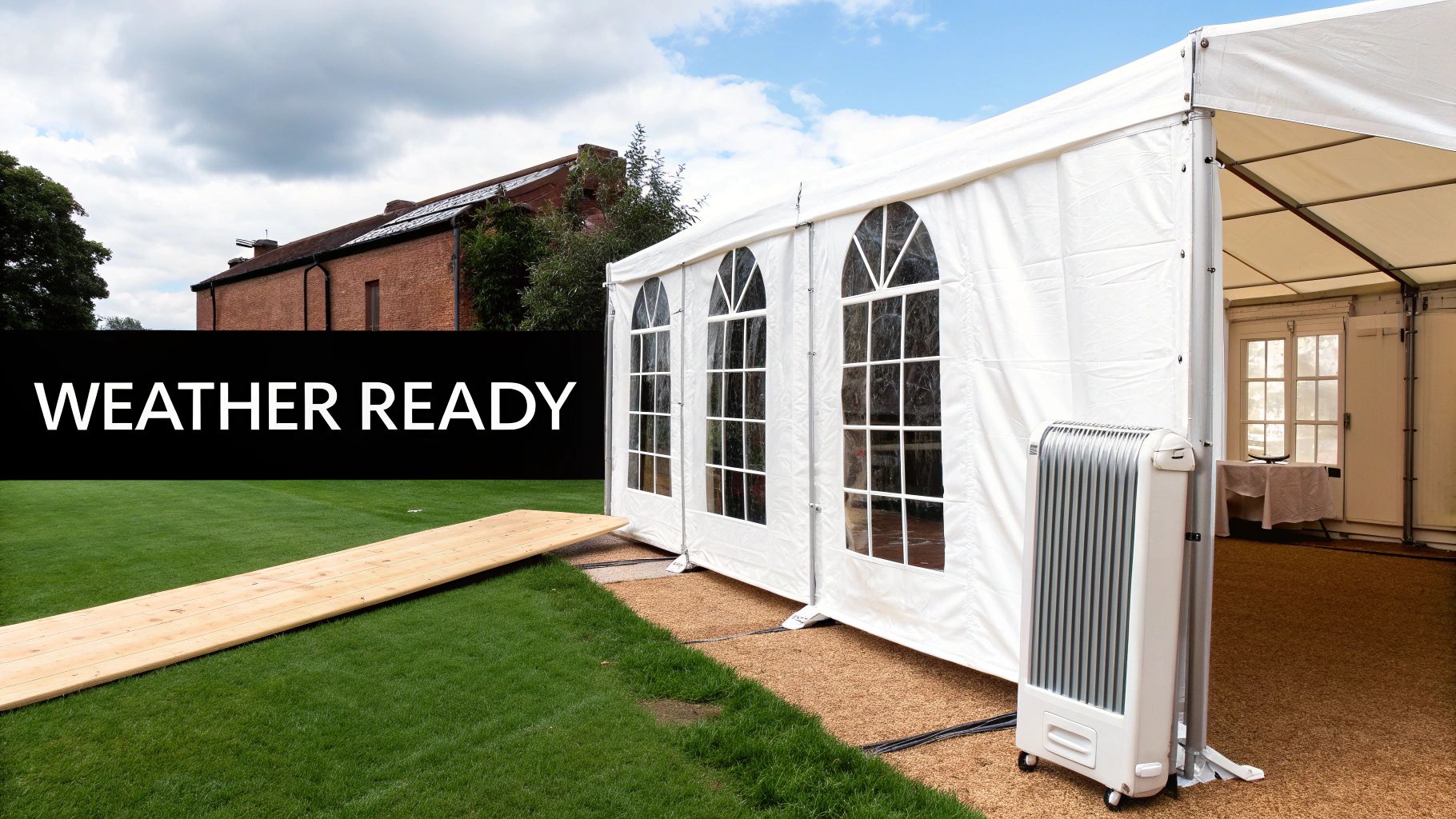 A white weather-ready marquee tent set up on a lawn with a portable heater and a ramp.