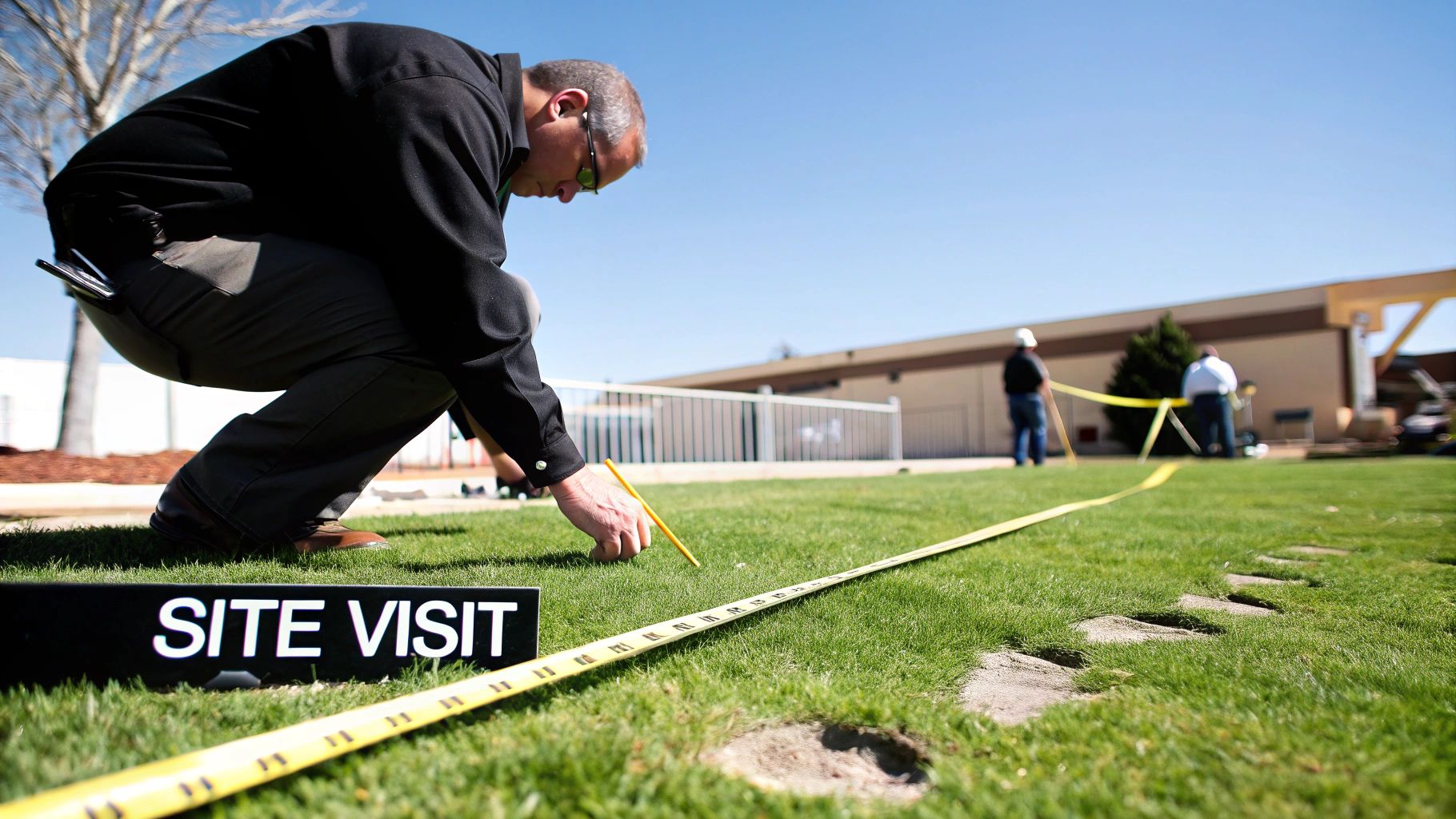 A man on a site visit measures a green lawn with a tape measure and pencil under a clear sky.