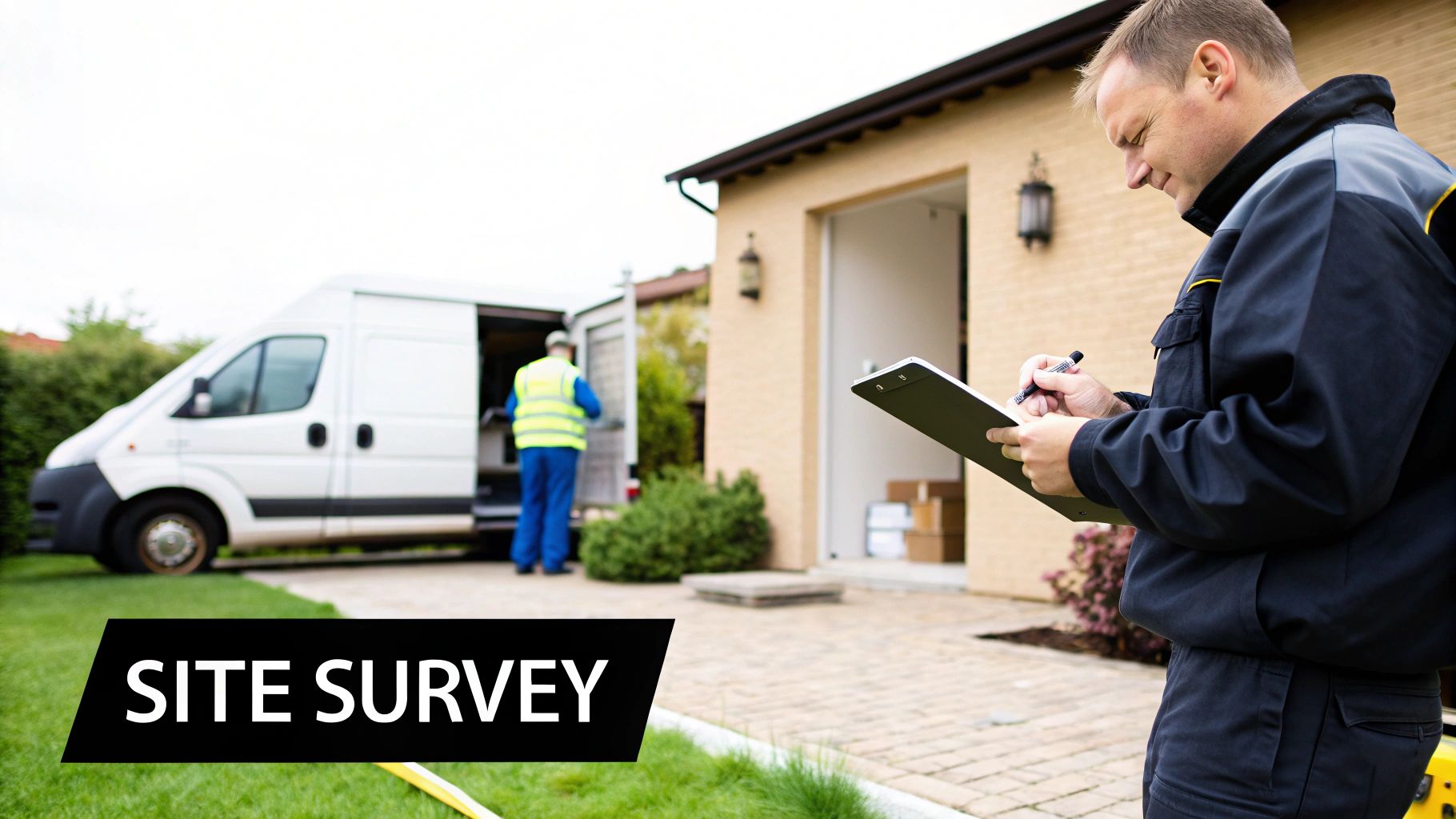 A man in a uniform writes on a clipboard, conducting a site survey with a delivery van nearby.