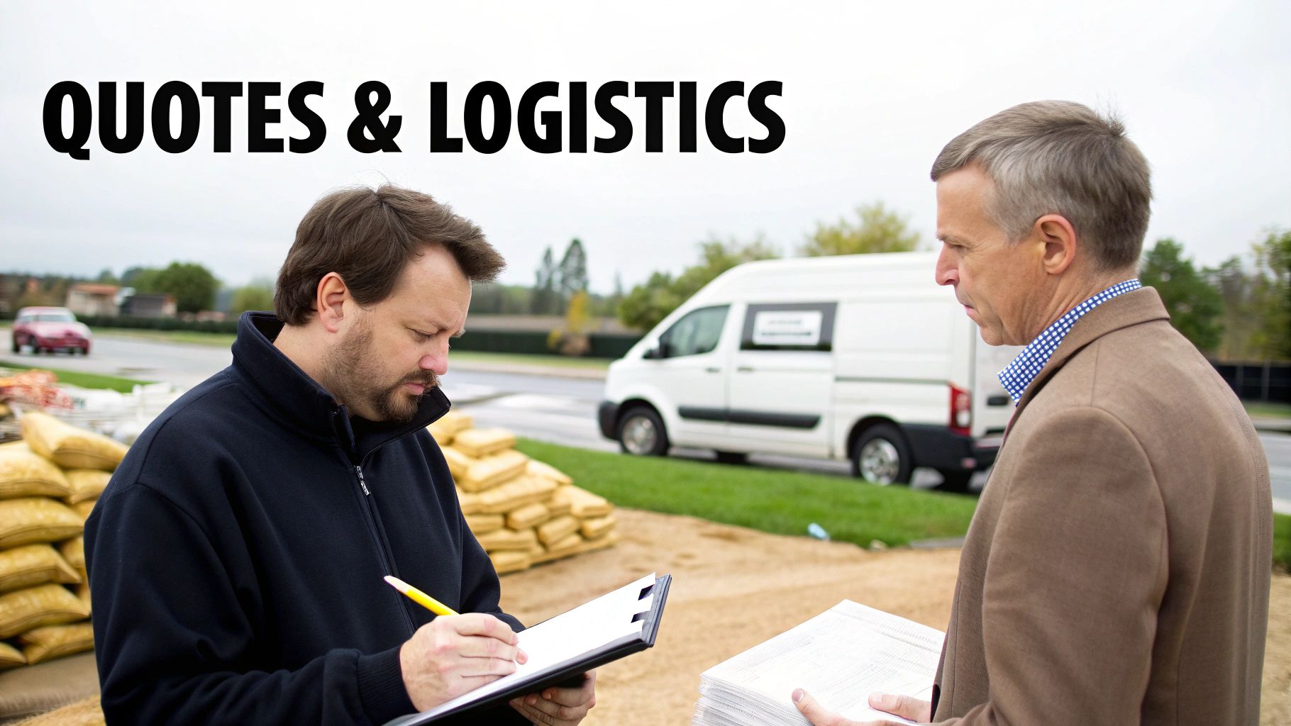 Two men discussing logistics and quotes on a construction site with a white delivery van.