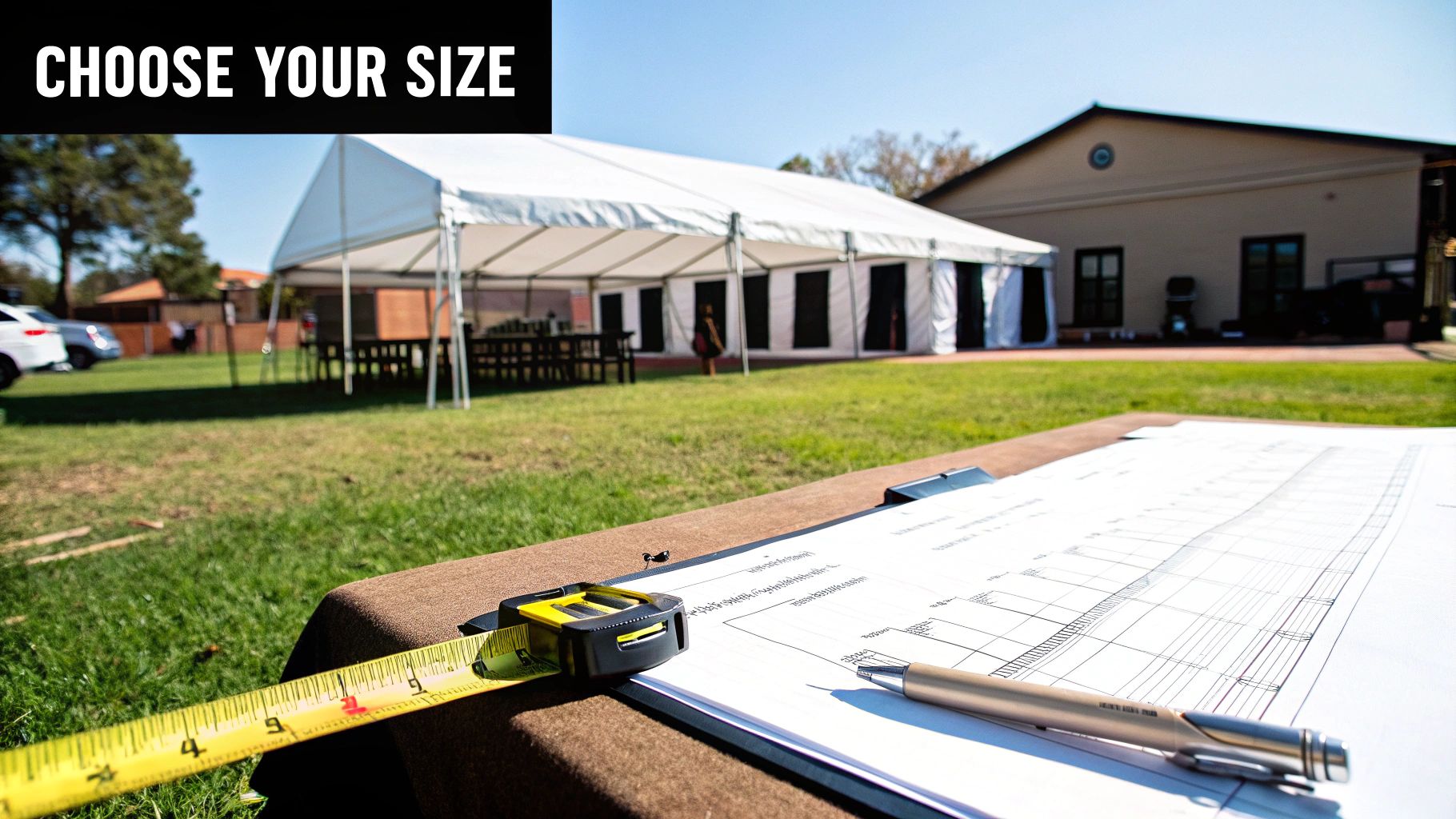 Measuring tape and blueprints on a clipboard for planning a large white marquee tent setup.