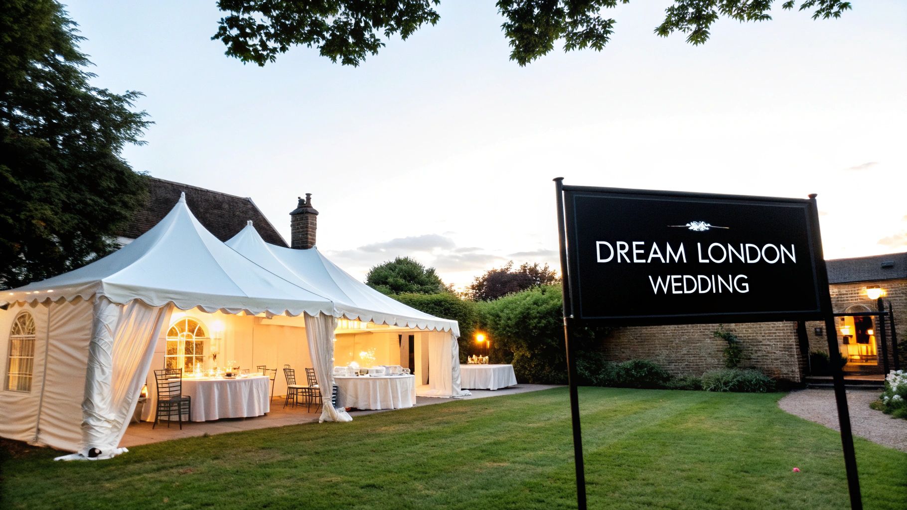 A large white marquee tent with tables and chairs set up on a green lawn, illuminated for a wedding event.