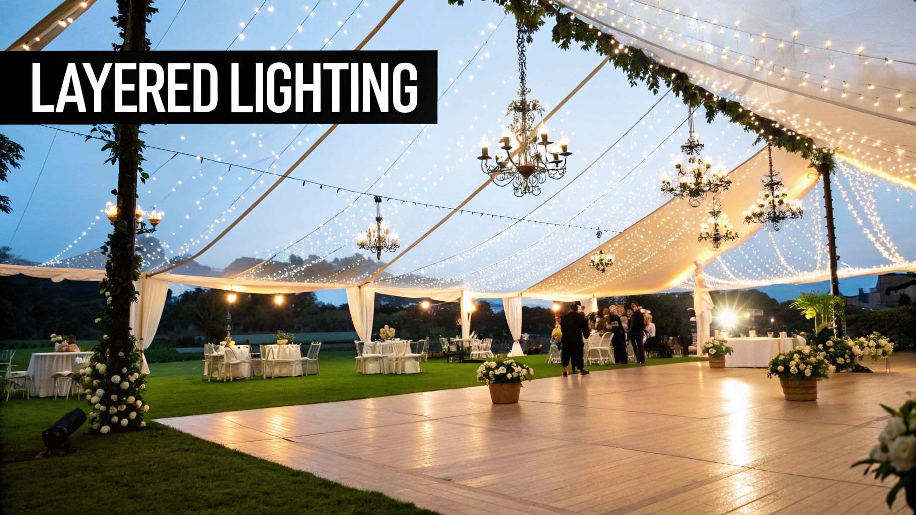Elegant outdoor wedding reception under a marquee with sparkling string lights, chandeliers, and a dance floor.