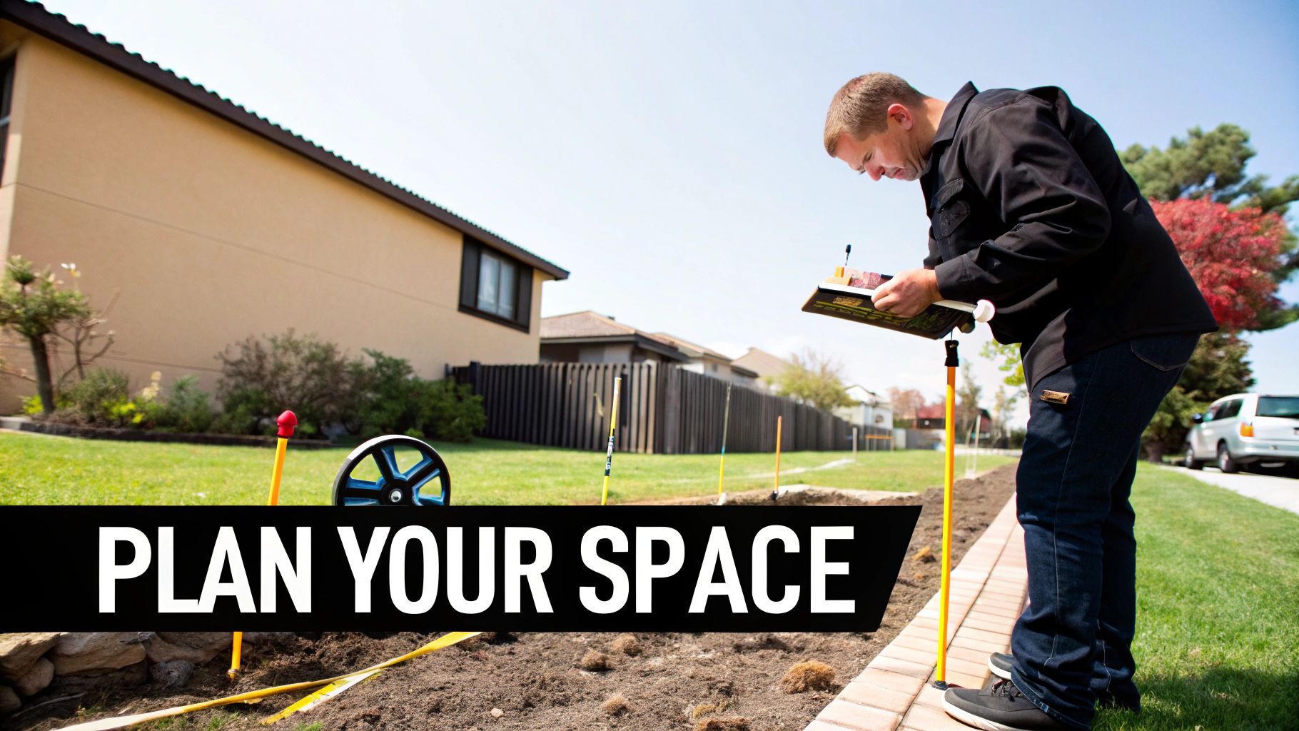 Man measuring and planning outdoor space for marquee setup, with a focus on event layout and design.