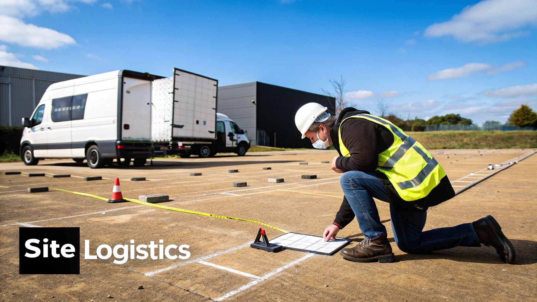 Worker in hard hat and high-vis vest kneels, mapping a logistics site with vans nearby.