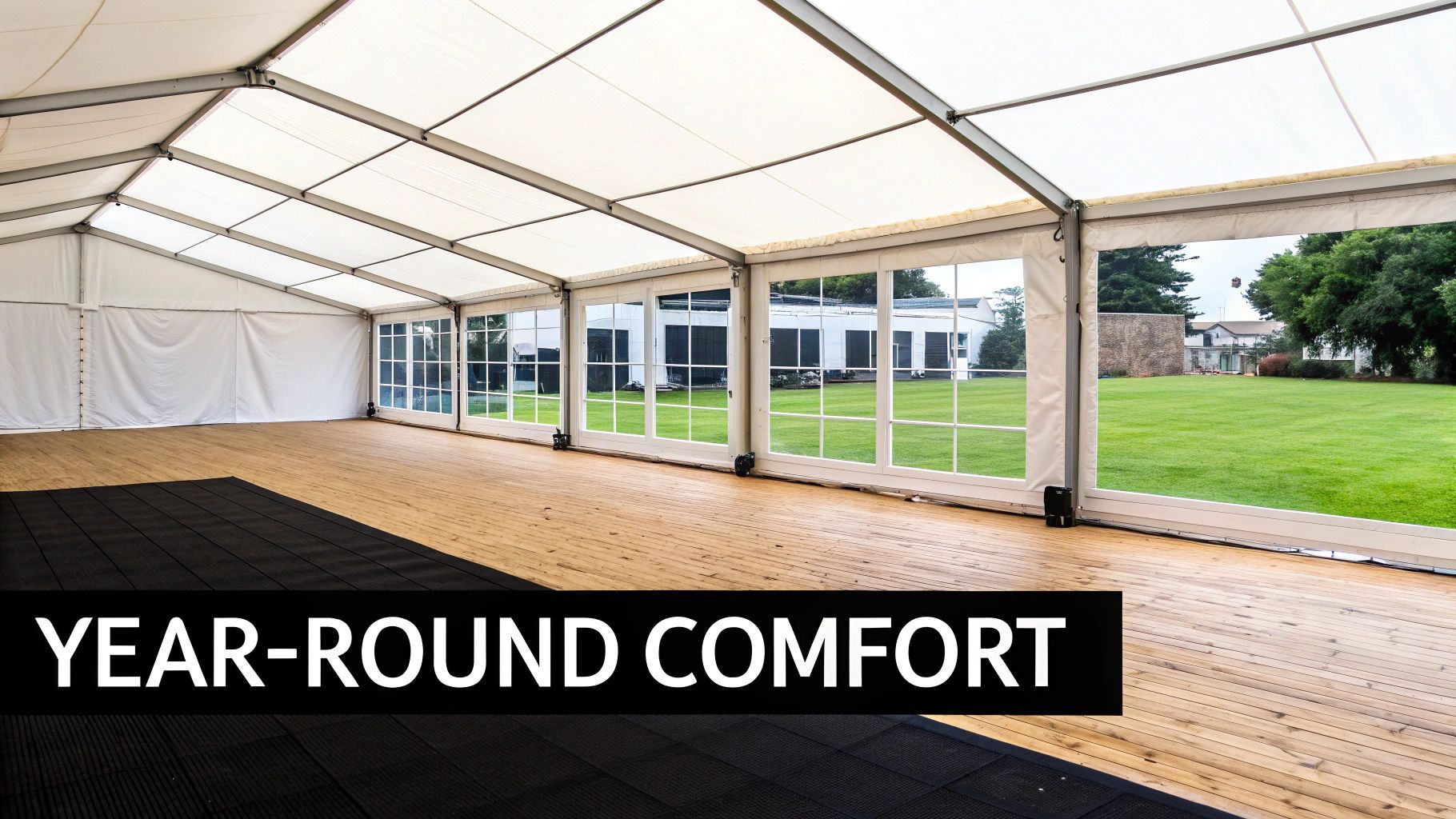 Spacious white marquee interior with light wooden flooring, large windows, and a green outdoor view.