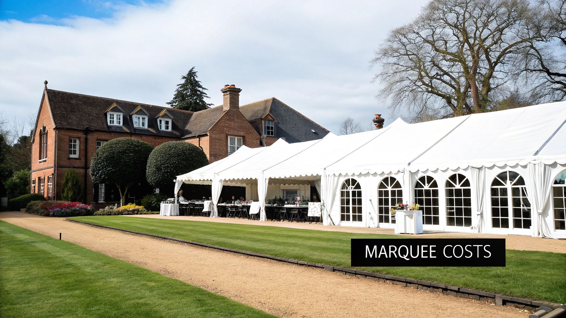 A large white marquee set up for a wedding or event on a green lawn beside a traditional brick building.