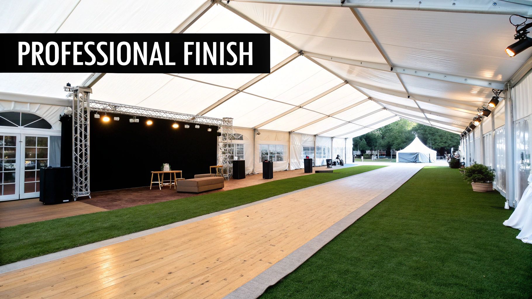 Spacious white marquee tent interior with a stage, lighting, and a mix of grass and wood flooring for events.