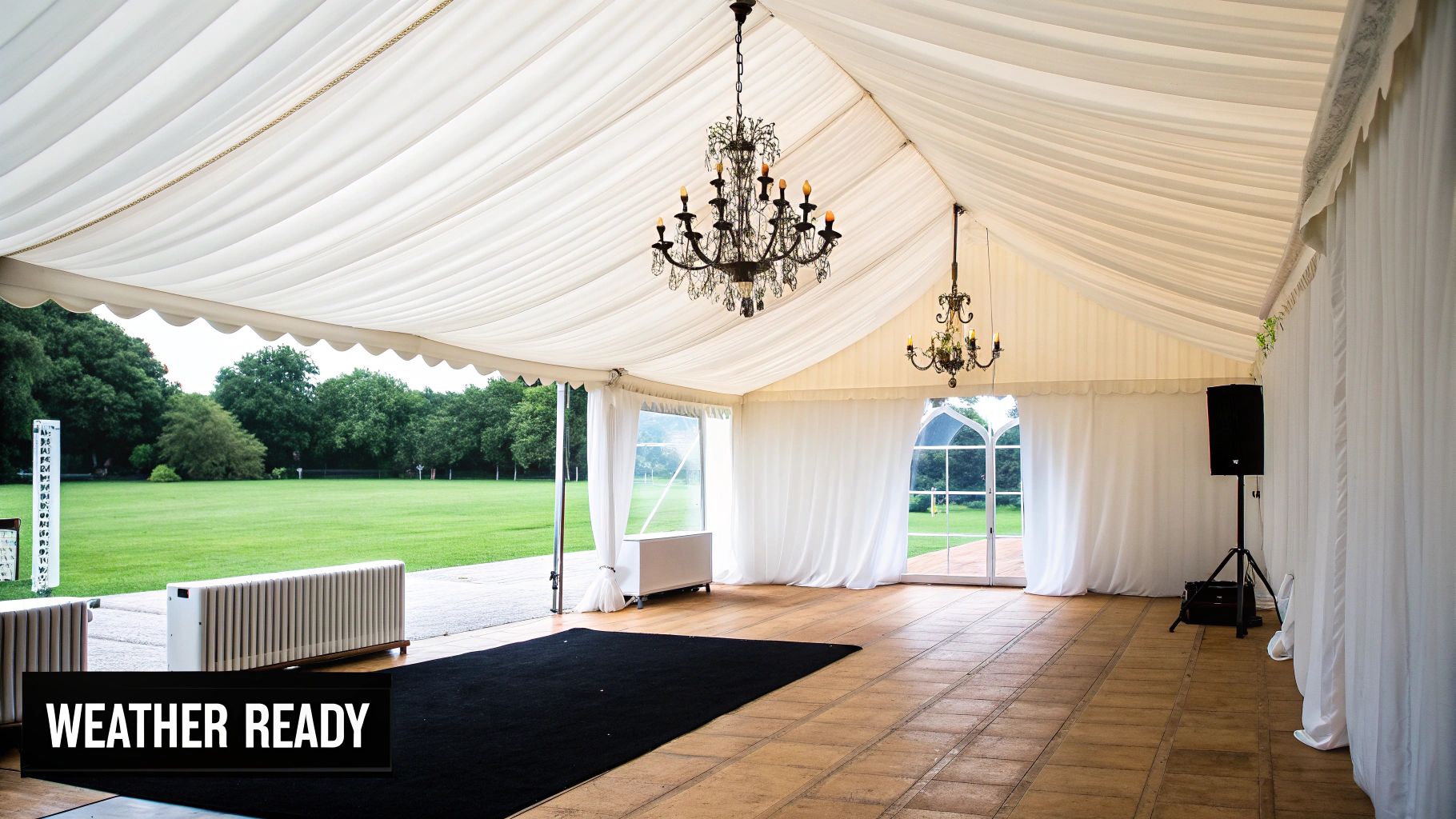 Elegant white wedding marquee interior with chandeliers, wooden floor, heaters, and a scenic outdoor view.