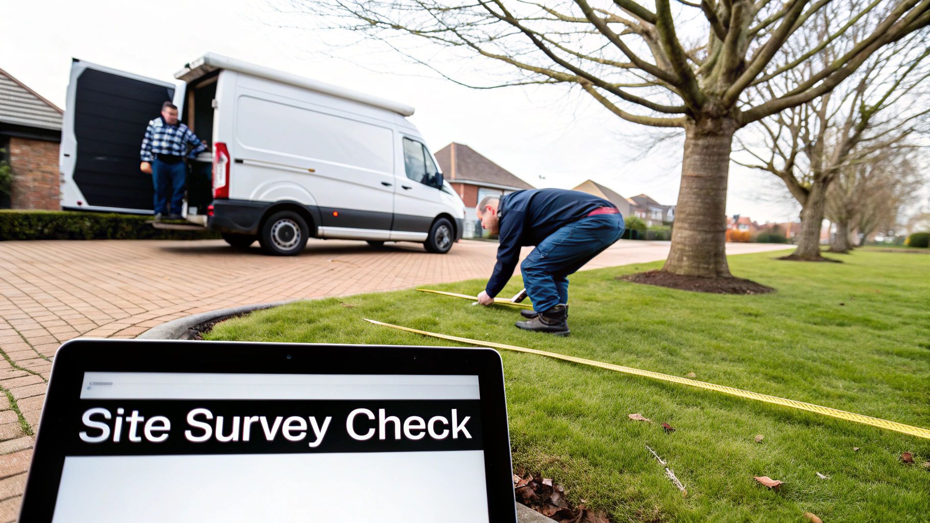 Two men conducting a site survey with a tape measure and a van, while a tablet displays "Site Survey Check".