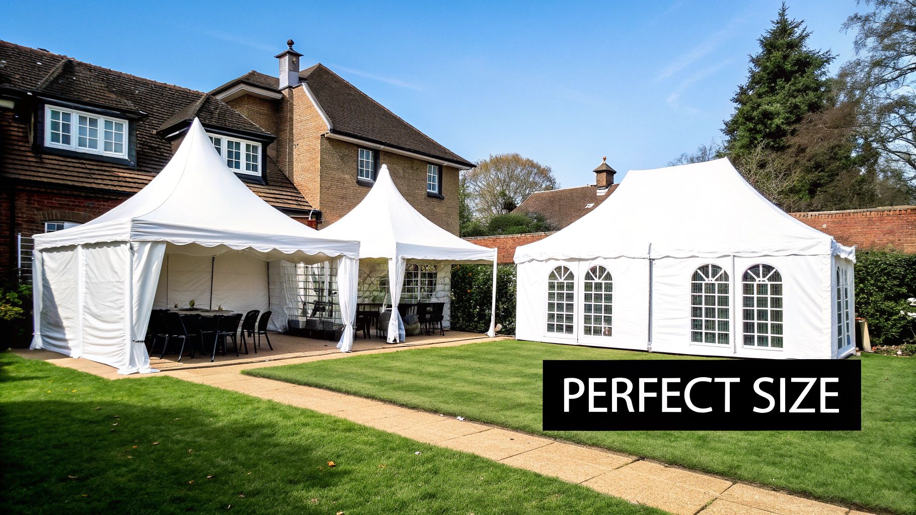 Three white event marquees set up on a lush green lawn outside a large brick house.