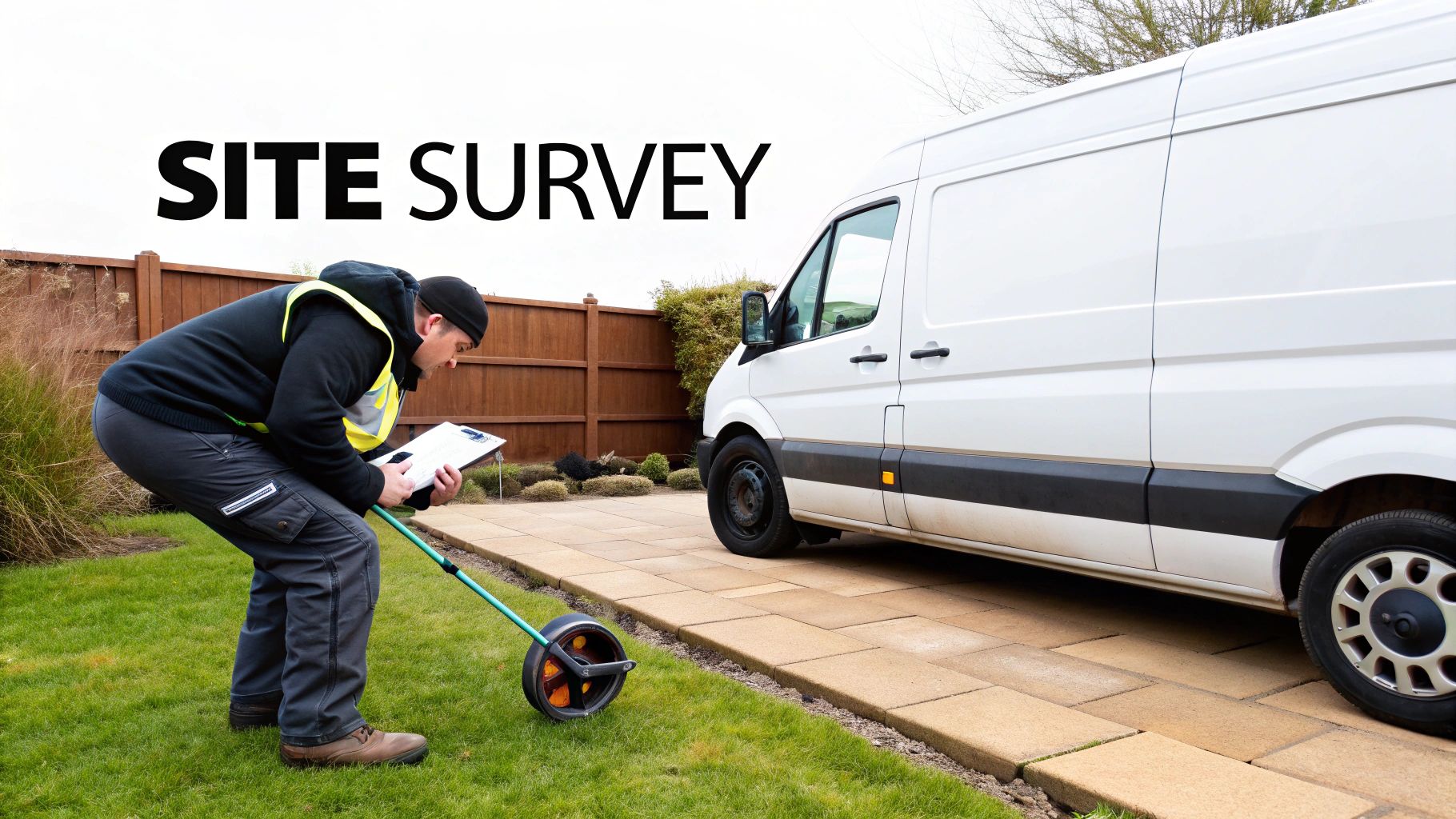 A surveyor uses a measuring wheel and clipboard on a lawn next to a white van for a site survey.