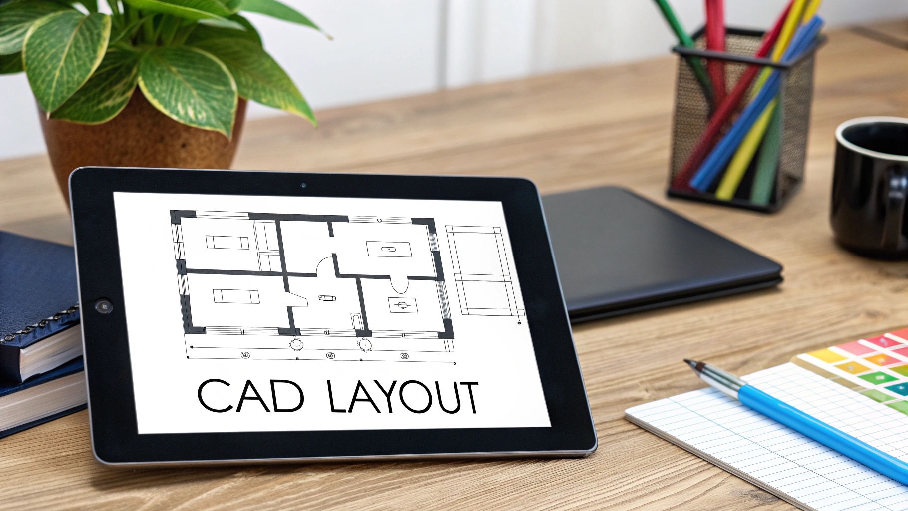 Digital tablet showing a detailed CAD layout of a home design on an architect's desk.