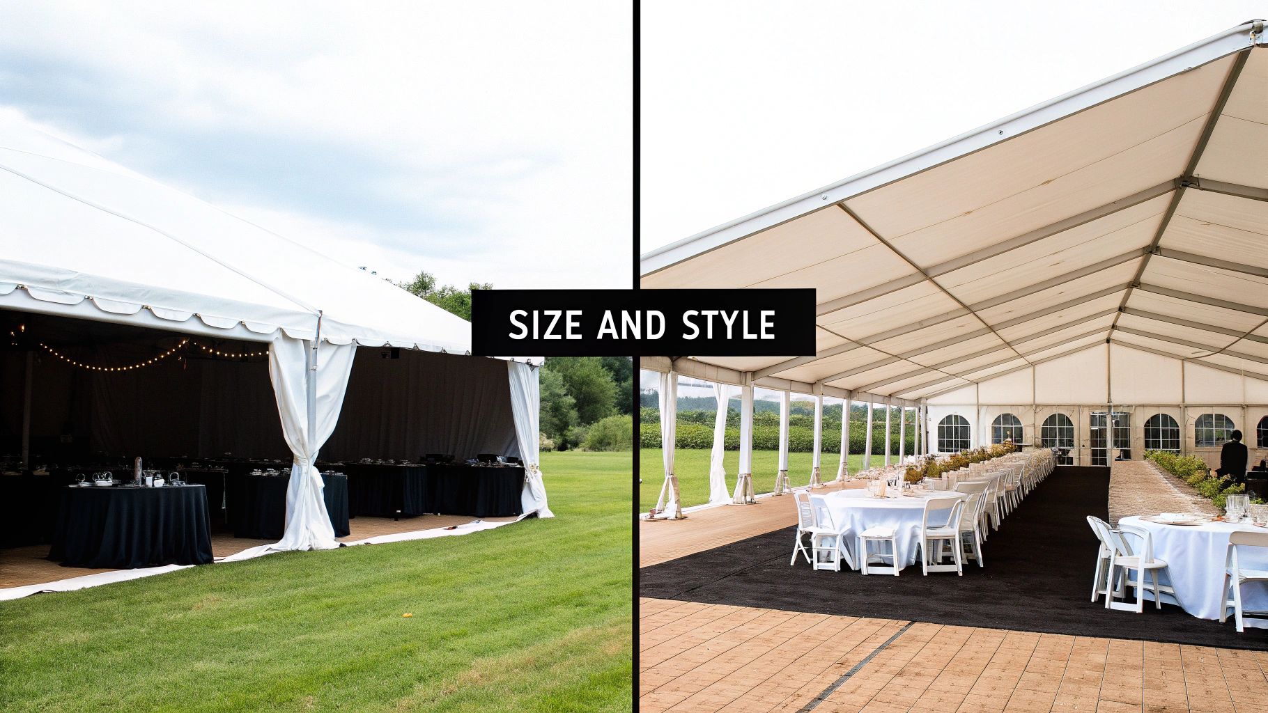 Two distinct event marquees, one on grass with black tables and another frame tent with white tables.