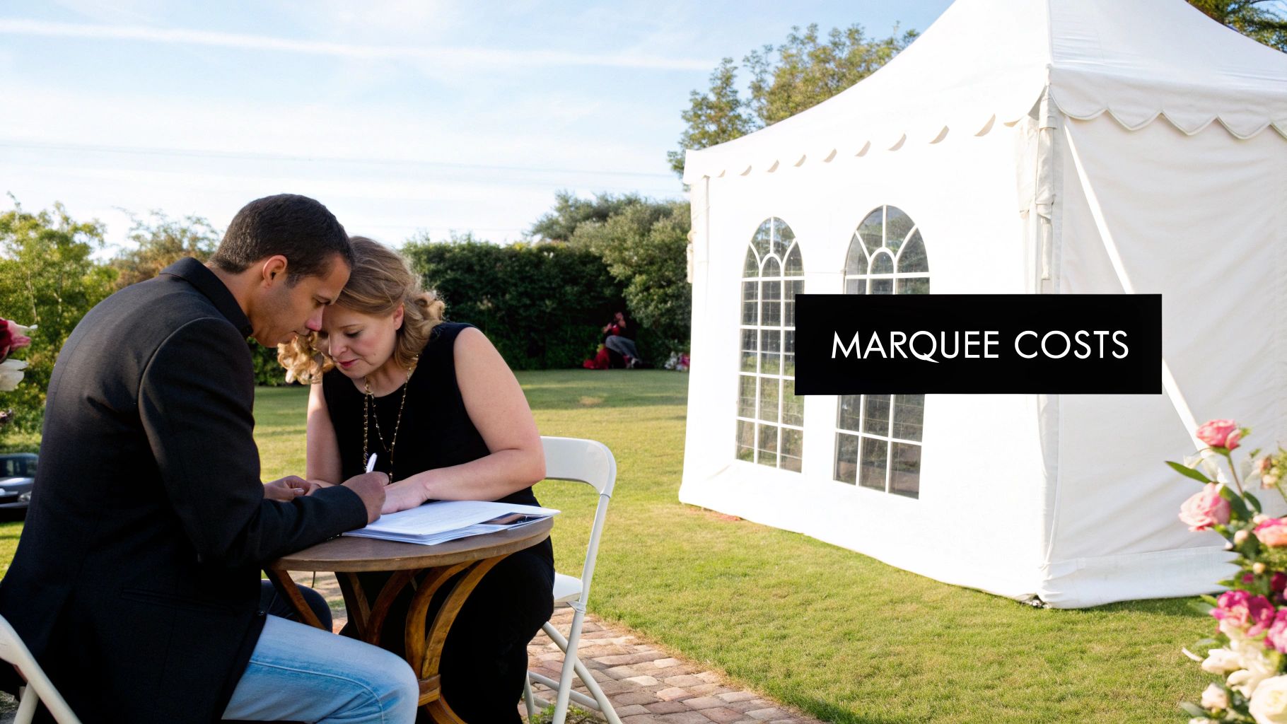 Couple discussing marquee wedding costs at a table in front of a white marquee, with greenery in the background and a sign reading "MARQUEE COSTS."