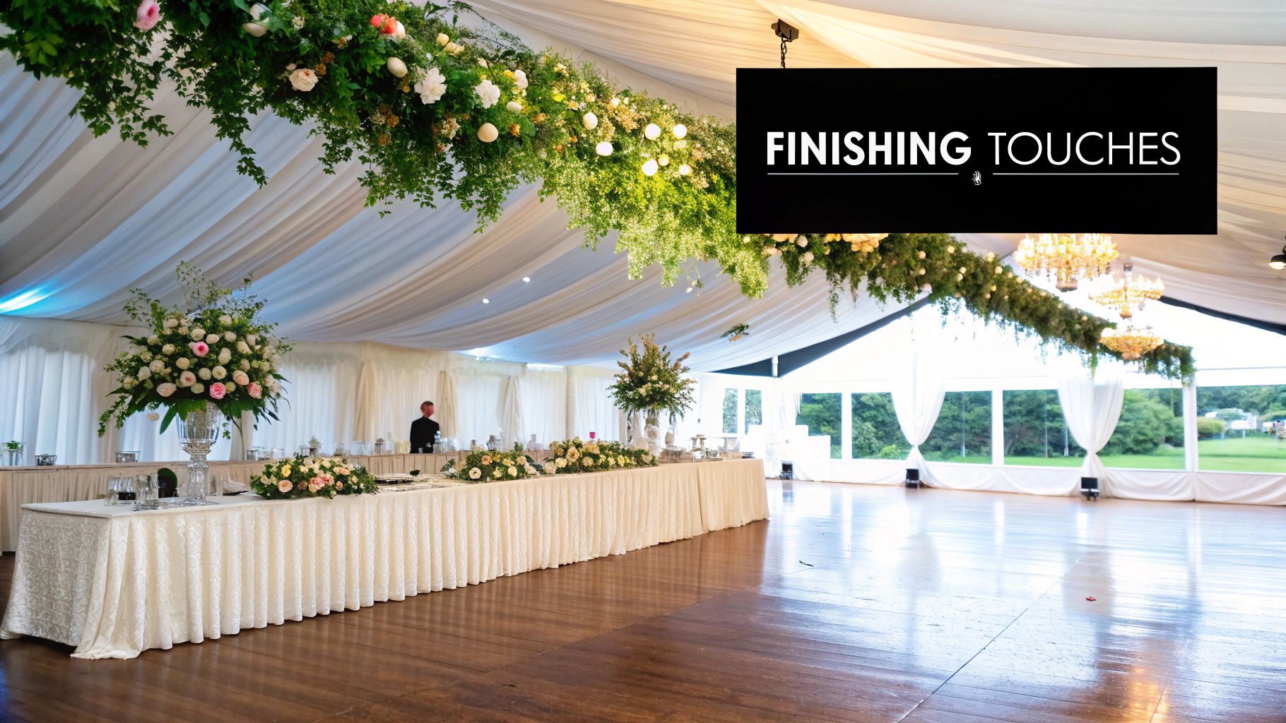 Beautifully decorated wedding marquee featuring lush floral arrangements, white drapes, and an open dance floor.