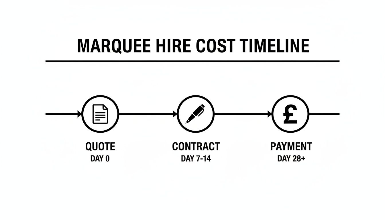 Marquee hire cost timeline illustrating quote (Day 0), contract (Day 7-14), and payment (Day 28+).