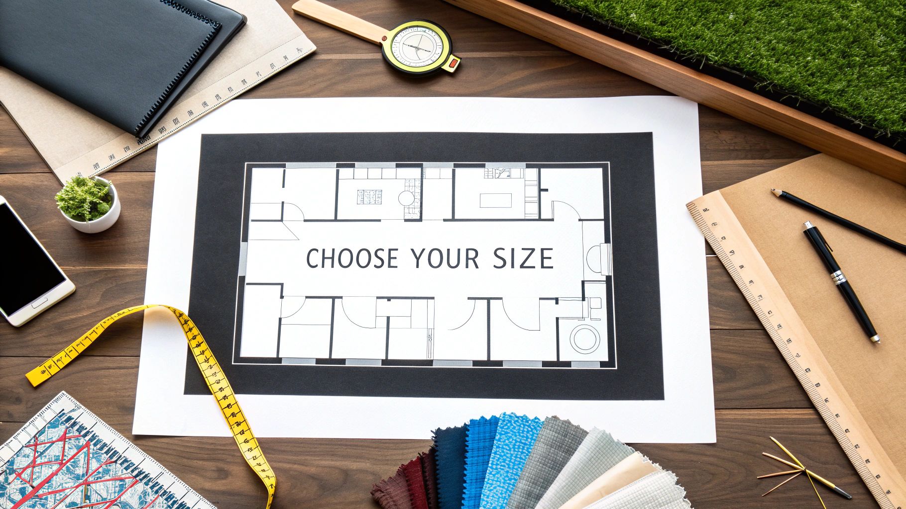 Flat lay of a desk with a house floor plan, design tools, fabric samples, and planning materials.
